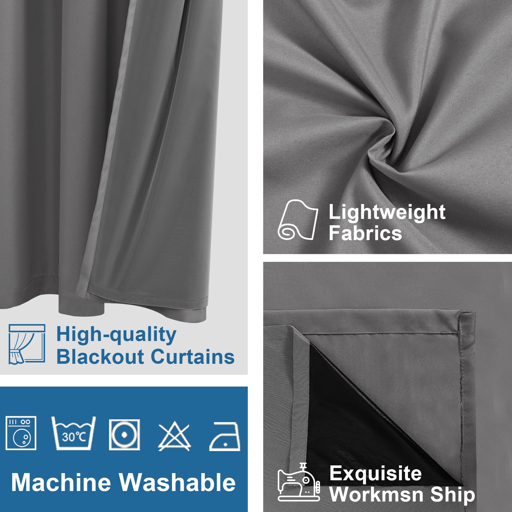 DWCN Official 100% blackout curtains with grommet top design hanging on a window, blocking out light and providing privacy.