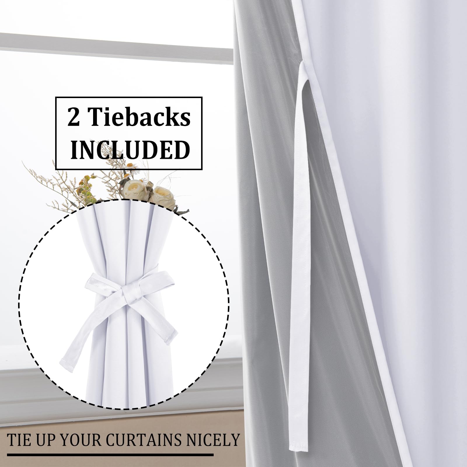 DWCN Official blackout curtain panels with tiebacks, set of 2, featuring solid black fabric for room darkening and privacy.