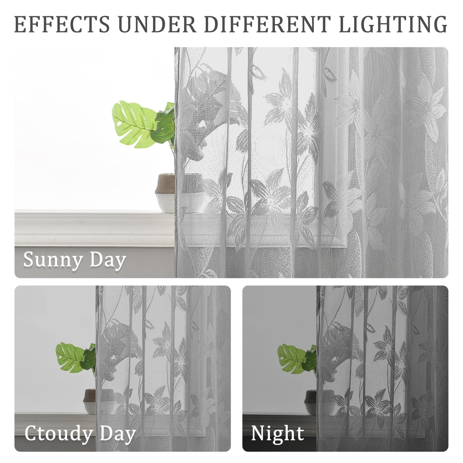 Set of two DWCN official lace sheer curtains with floral pattern, lightweight and transparent window drapes for elegant home decor