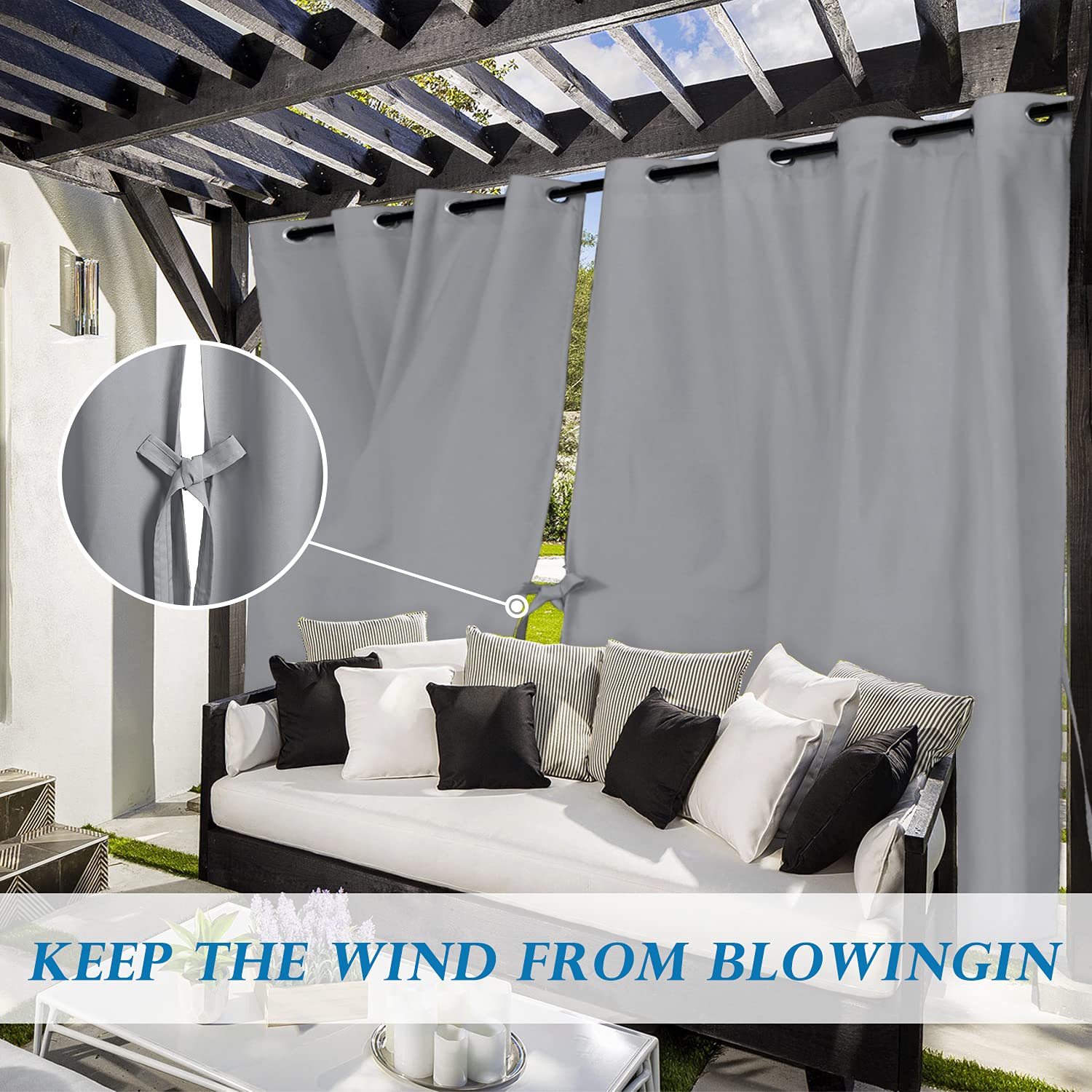Outdoor curtains by DWCN Official hanging on a patio, showing lightweight fabric and elegant design for outdoor decor.
