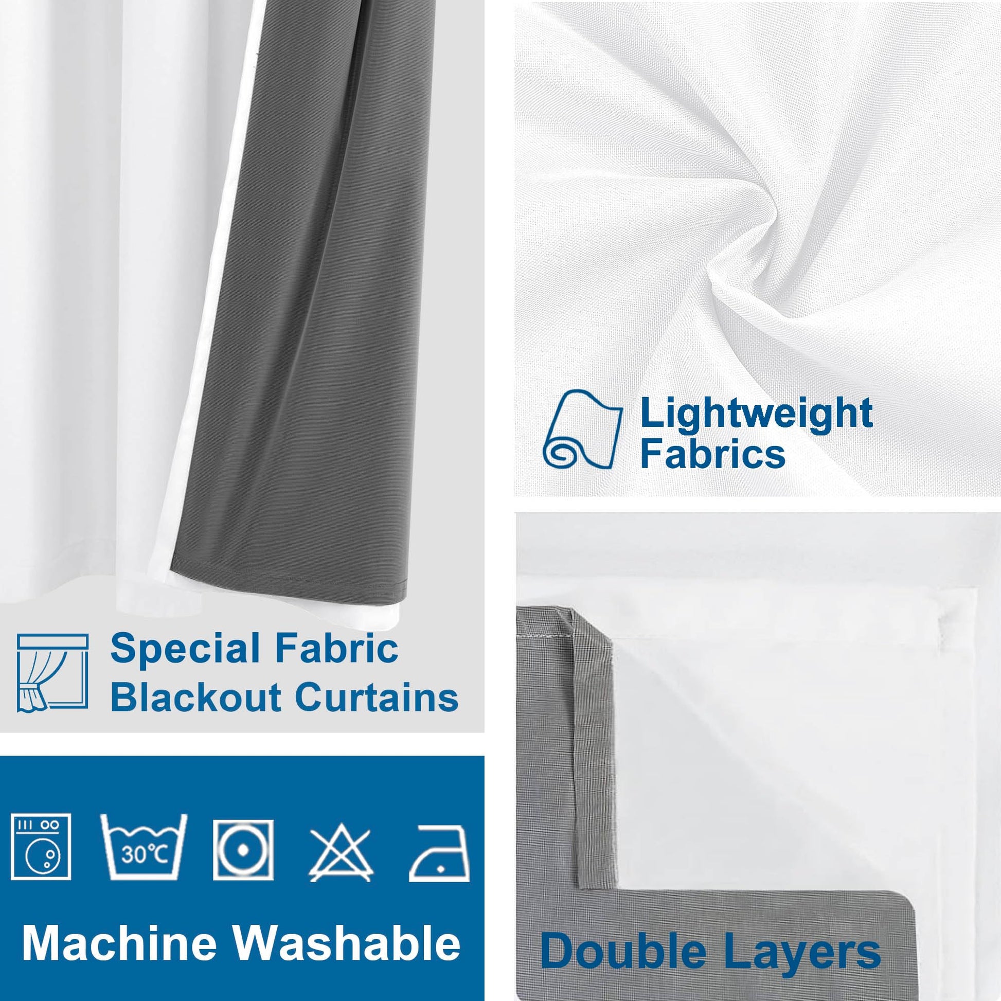 DWCN Official 100% blackout curtains with grommet top design, shown hanging on a window, blocking out light for complete darkness.
