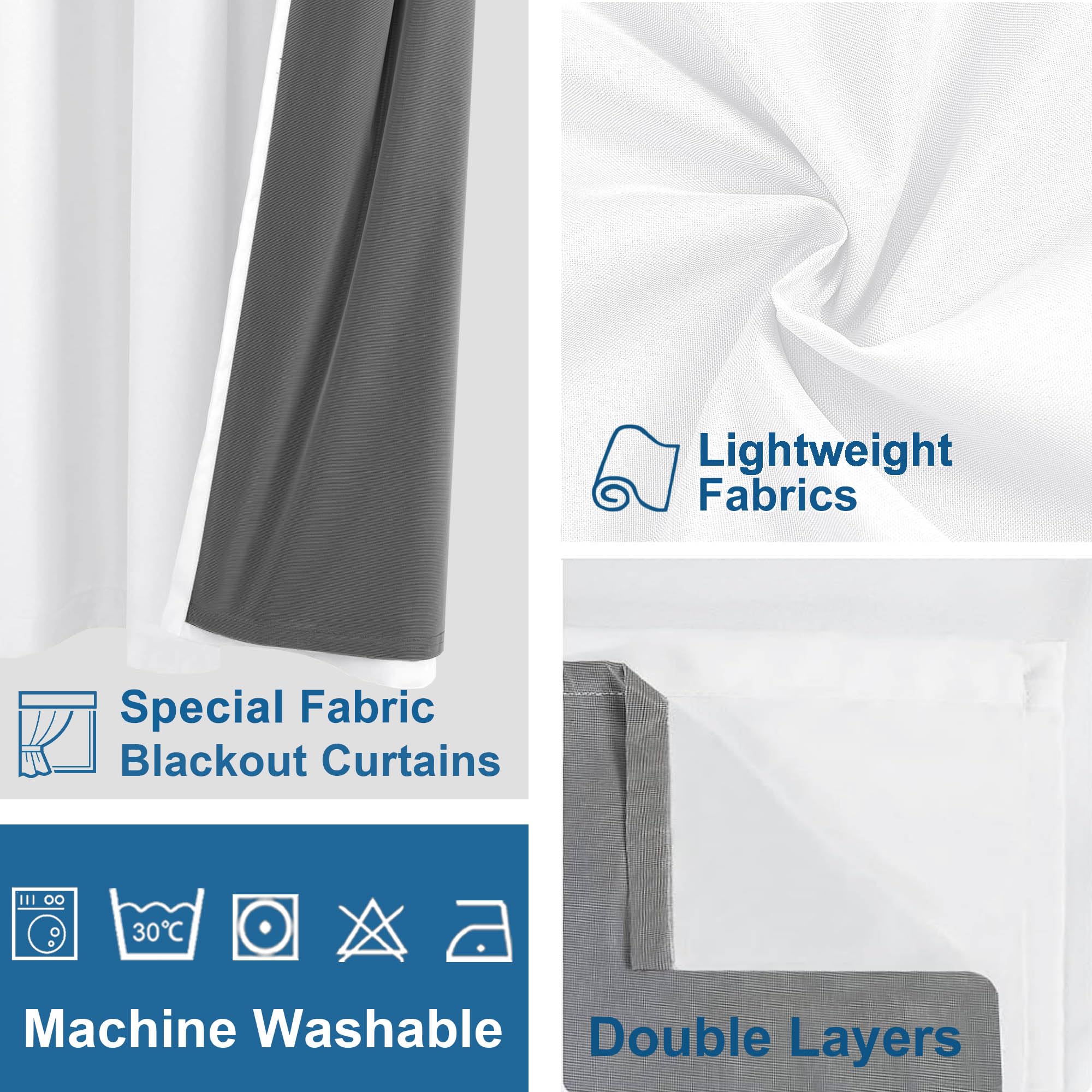 DWCN Official 100% blackout curtains with grommet top design, shown hanging on a window, blocking out light for complete darkness.