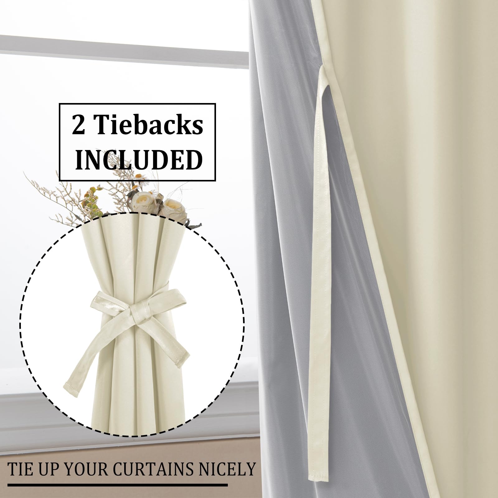 Pair of DWCN official 100% blackout curtain panels with tiebacks in black fabric, hanging on a window.