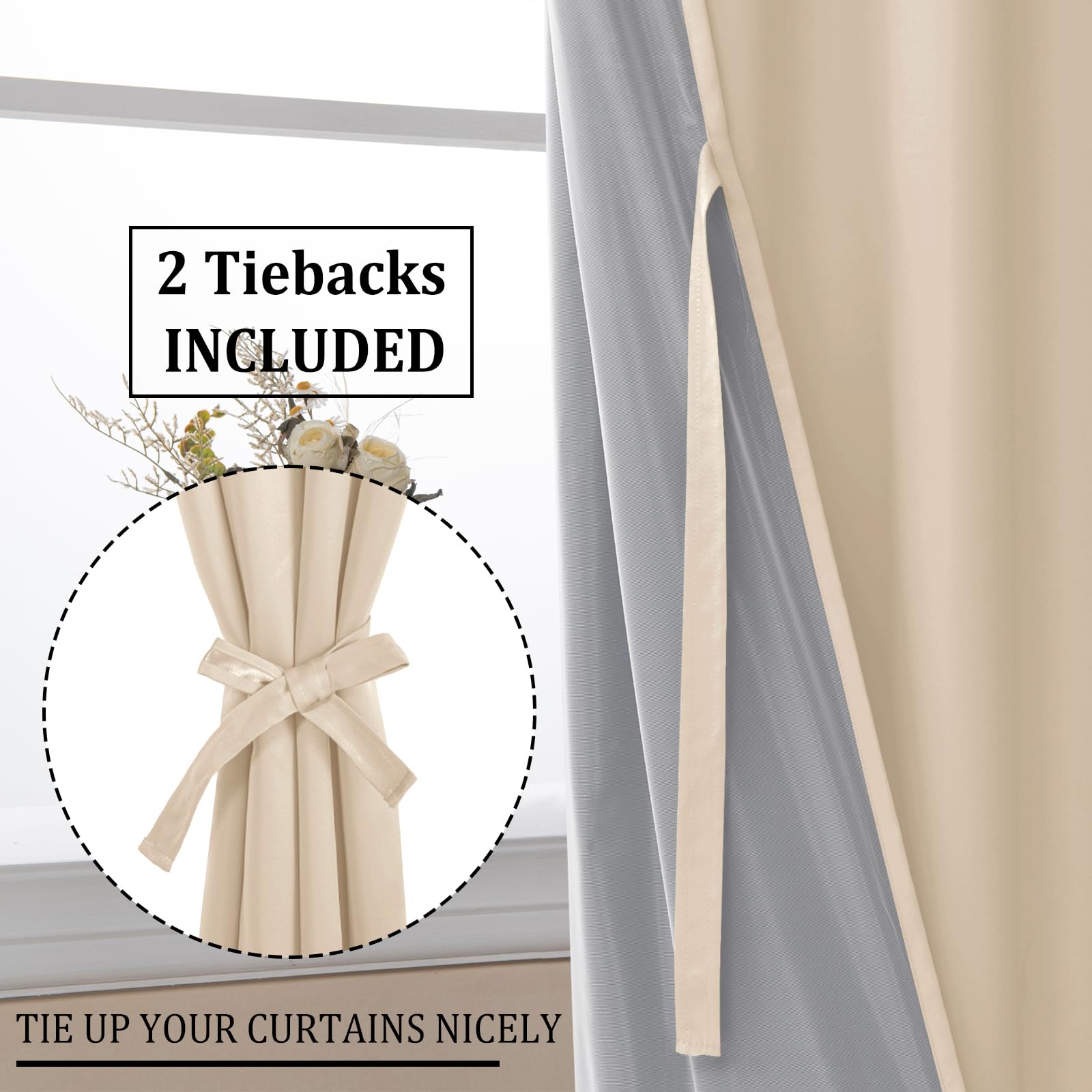 DWCN official black blackout curtains with tiebacks, set of 2 panels, featuring dark fabric and elegant tieback design.