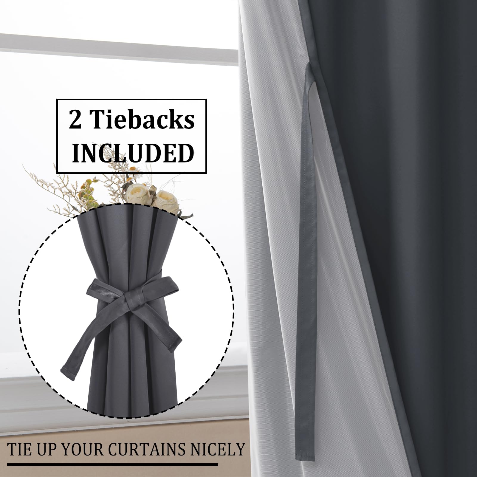 DWCN 100% blackout curtains with tiebacks, set of 2 panels, showing black fabric and elegant tieback design.