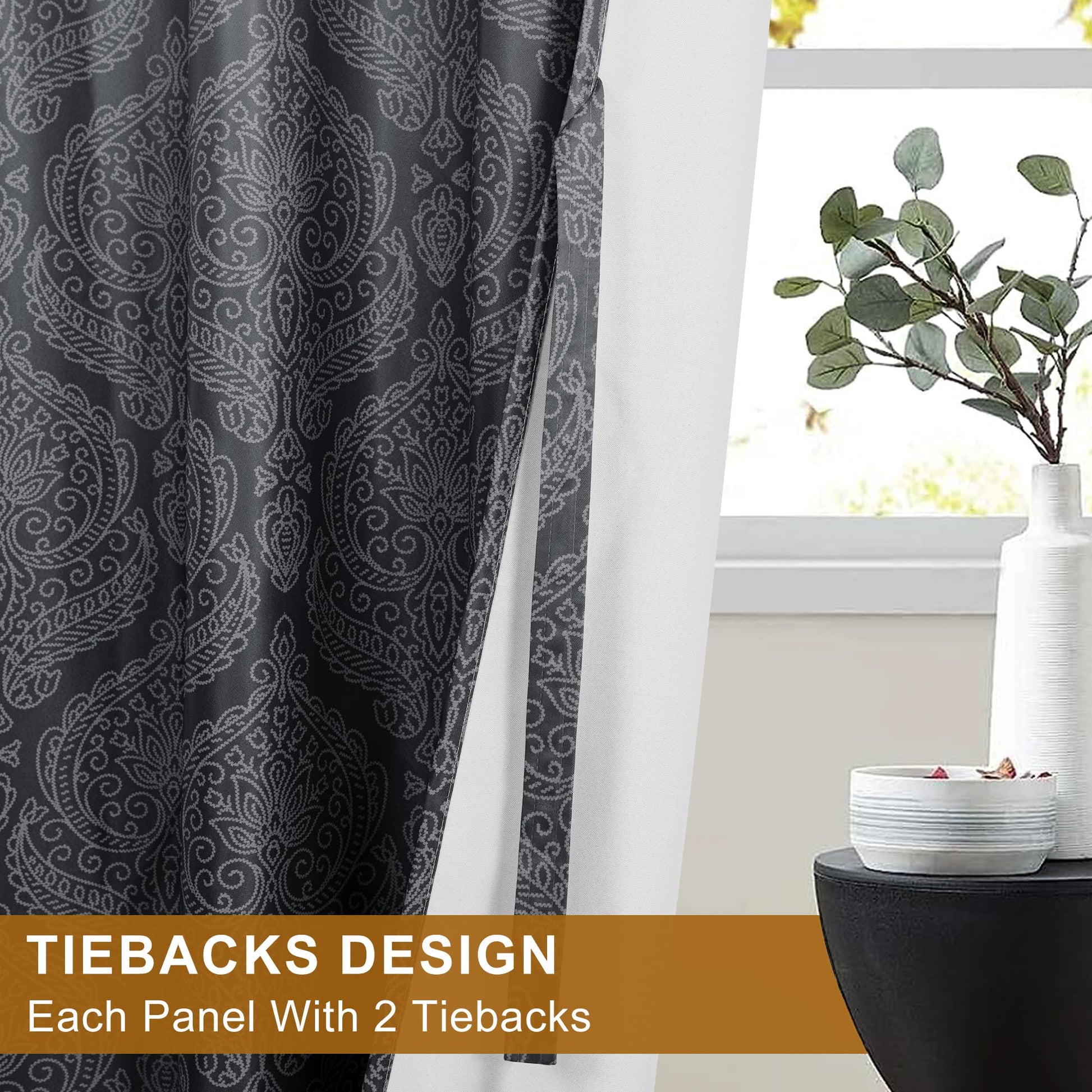 Two DWCN Official blackout curtains with ombre black design and tiebacks, set of 2 panels hanging on a window.