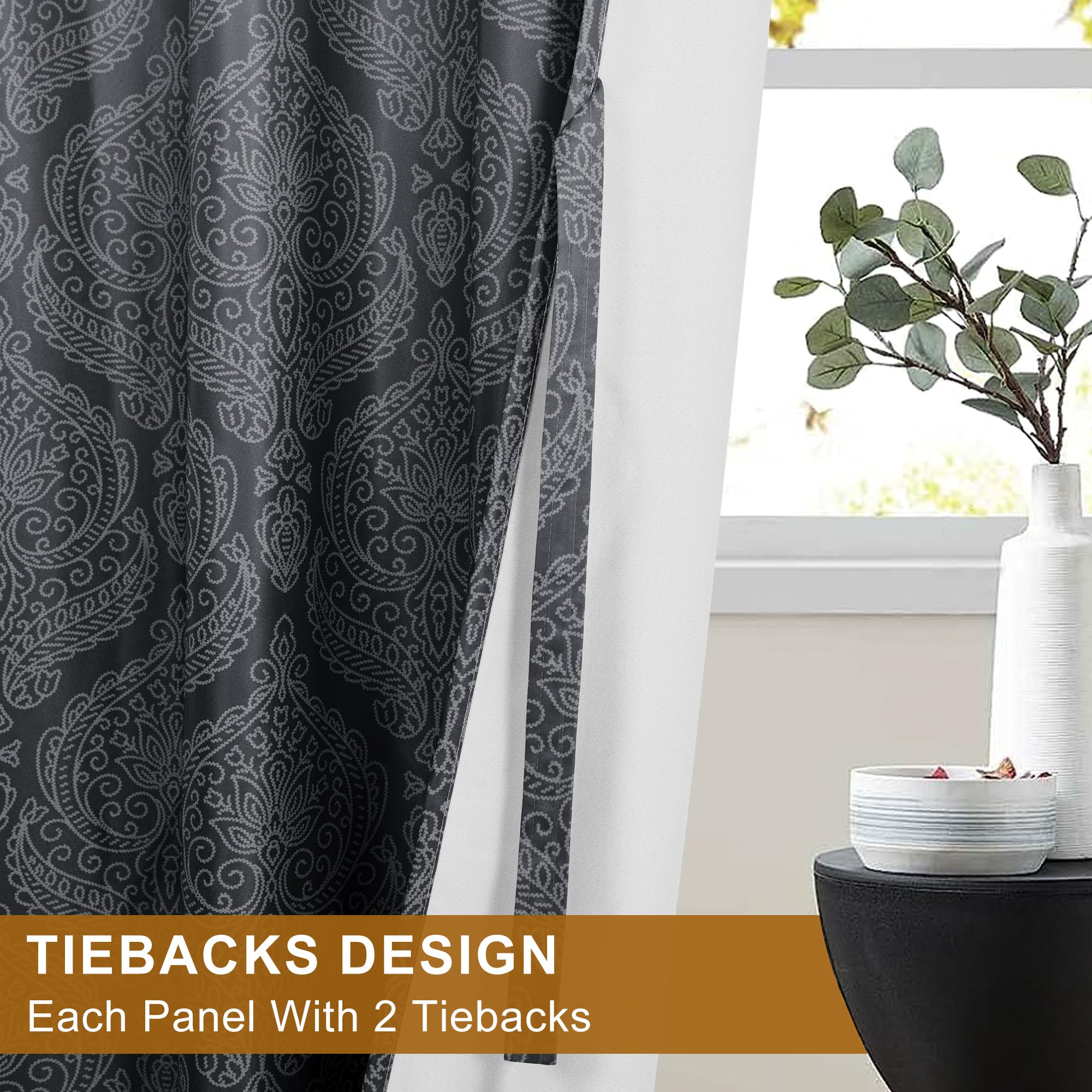 Two DWCN Official blackout curtains with ombre black design and tiebacks, set of 2 panels hanging on a window.