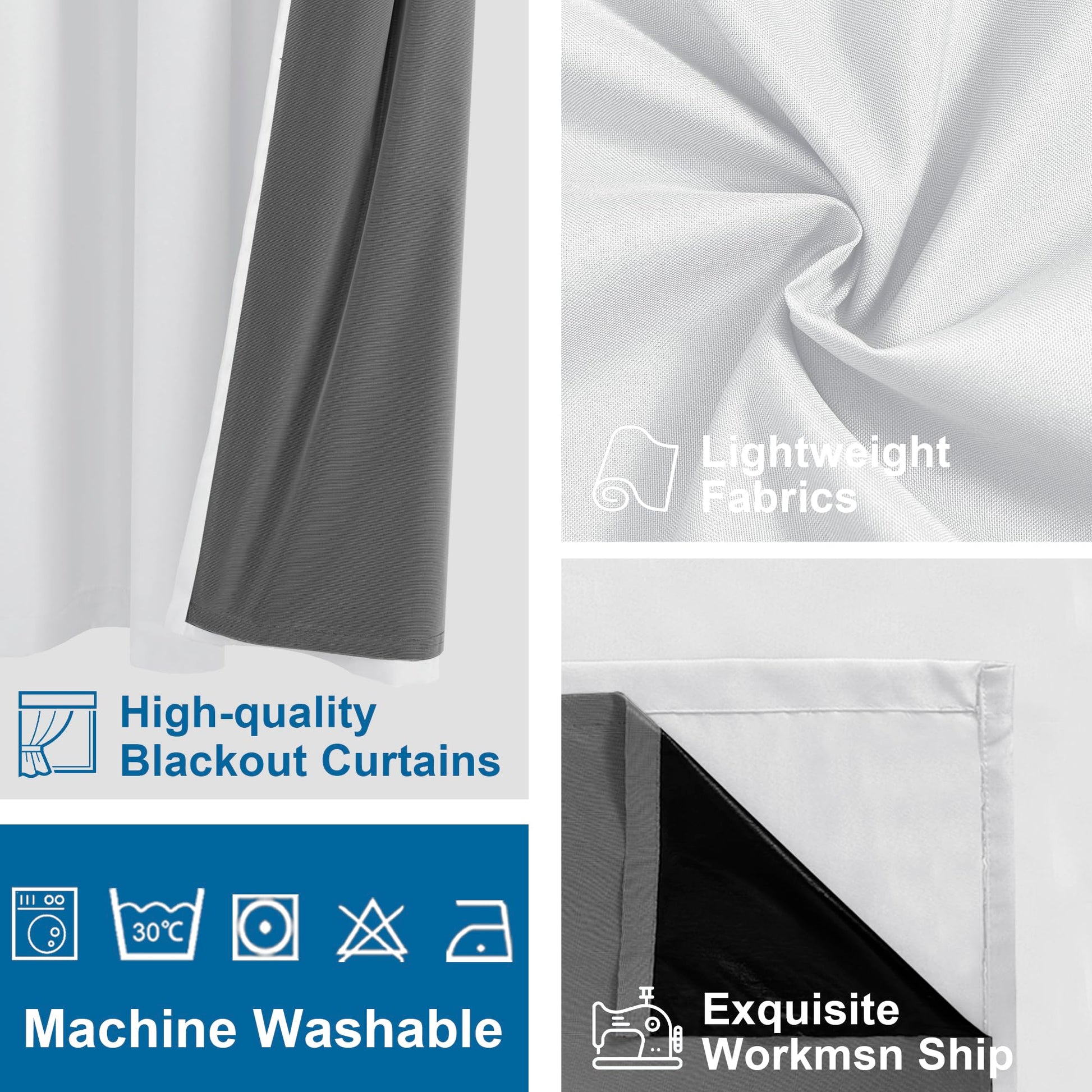 DWCN Official 100% blackout curtains with grommet top design in black, showing their smooth fabric and modern window treatment style.