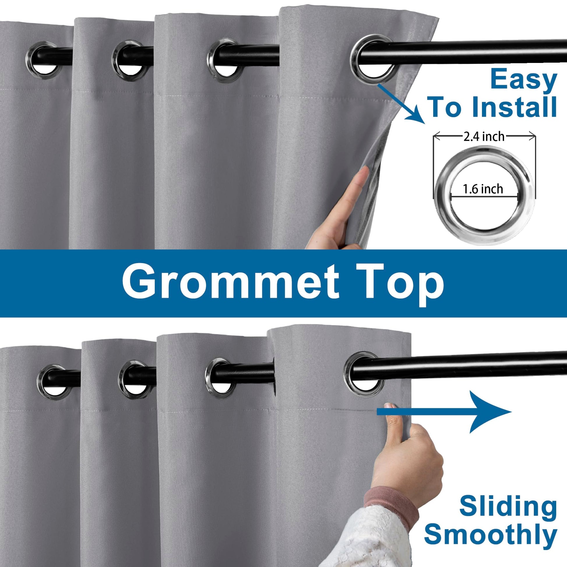 DWCN Official black blackout curtains with grommet top design hanging on a window, blocking out light for privacy and darkness.
