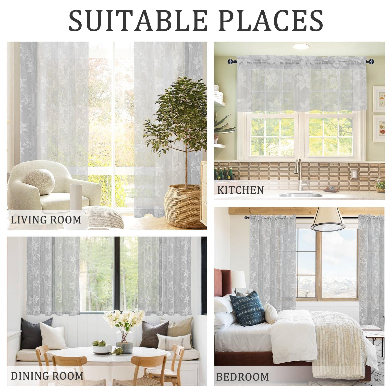 Two sheer lace curtains in a set of 2 panels, showcasing delicate floral patterns and lightweight, airy fabric for elegant window decor.