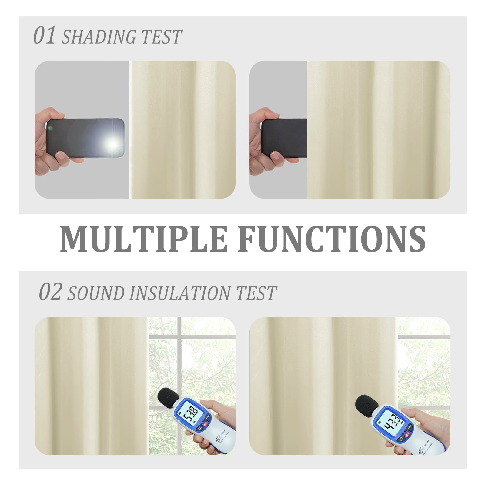 Pair of DWCN blackout curtains with tiebacks, black fabric, set of 2 panels, hanging on a window for room darkening.