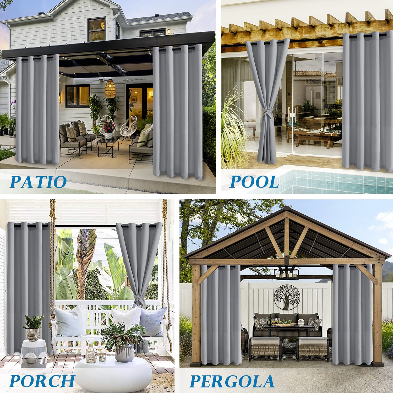 DWCN Official outdoor curtains hanging on a patio, showcasing weather-resistant fabric and elegant design for outdoor privacy.