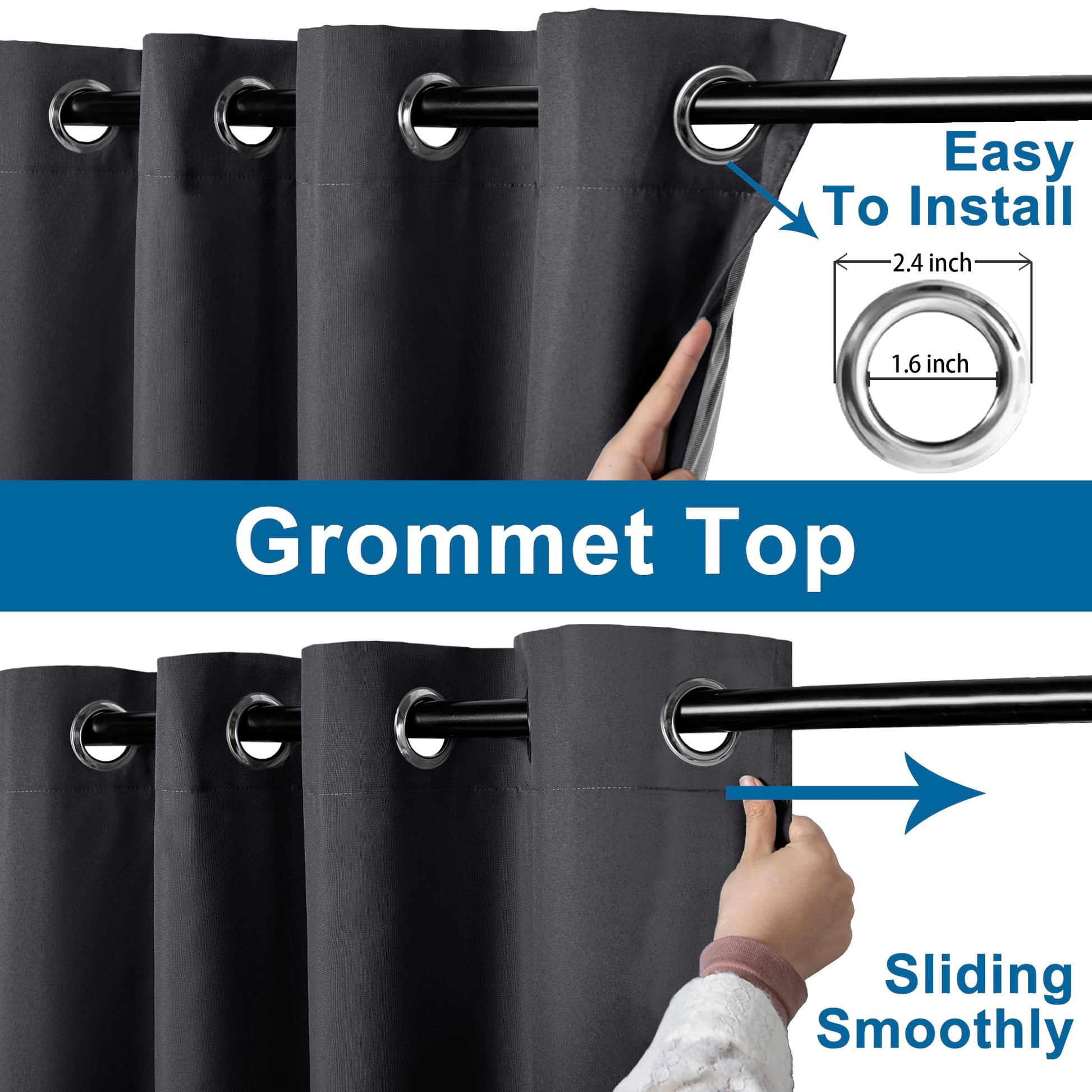 DWCN Official 100% blackout curtains with grommet top design, showing dark, thick fabric ideal for light blocking and privacy.