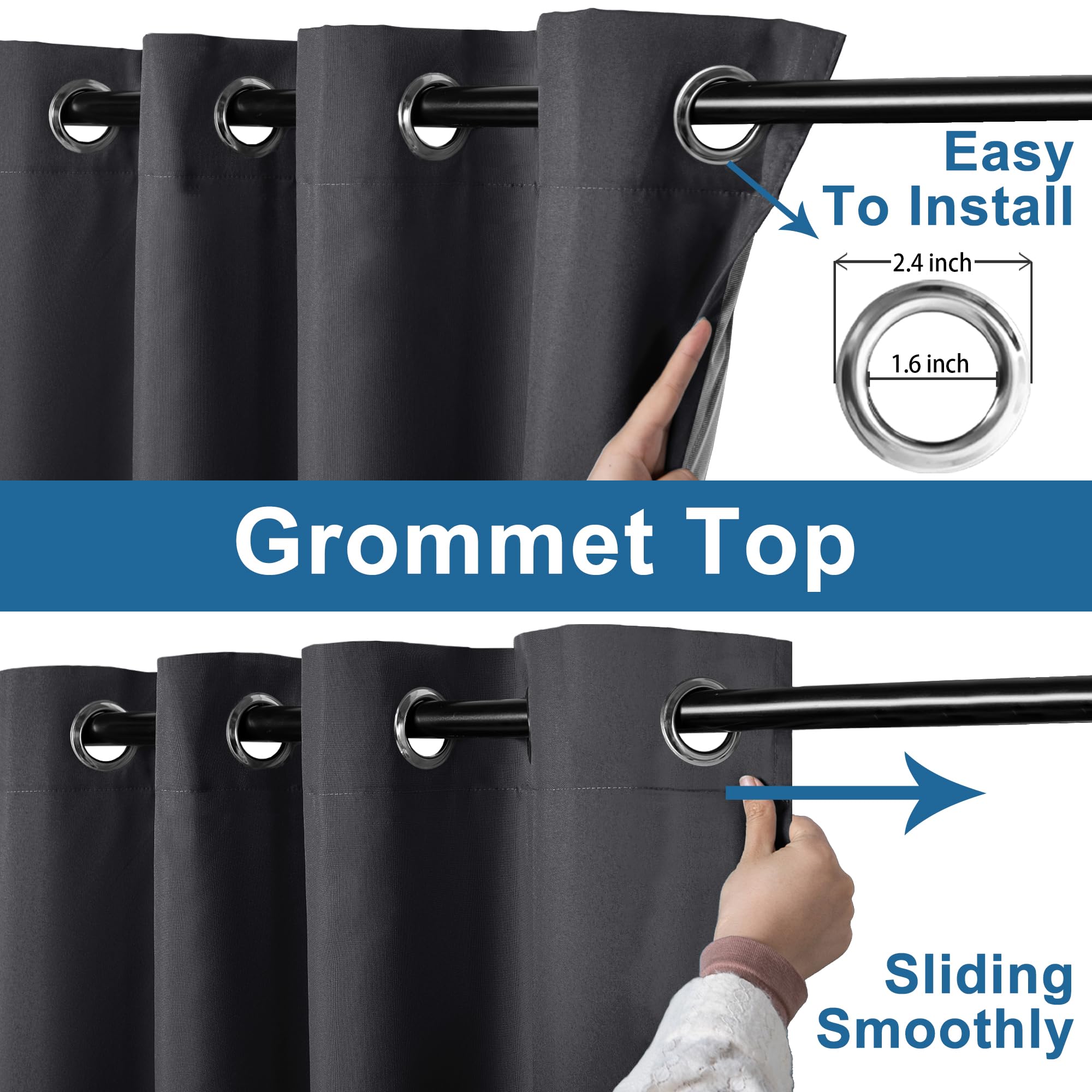 DWCN Official 100% blackout curtains with grommet top design, showing dark, thick fabric ideal for light blocking and privacy.