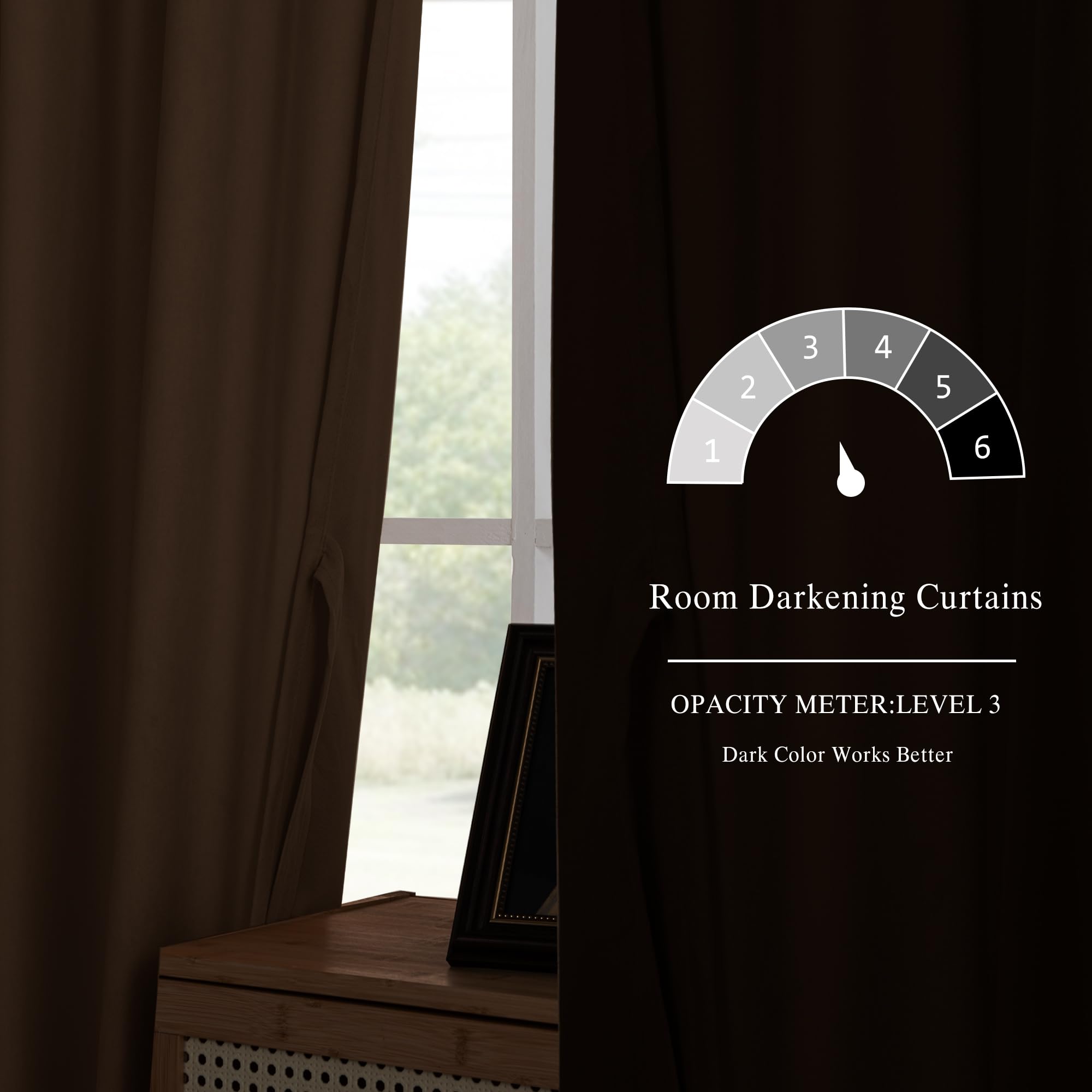 DWCN Velvet curtains with two panels, rod pocket and back tab design, shown hanging on a curtain rod in a cozy room setting.