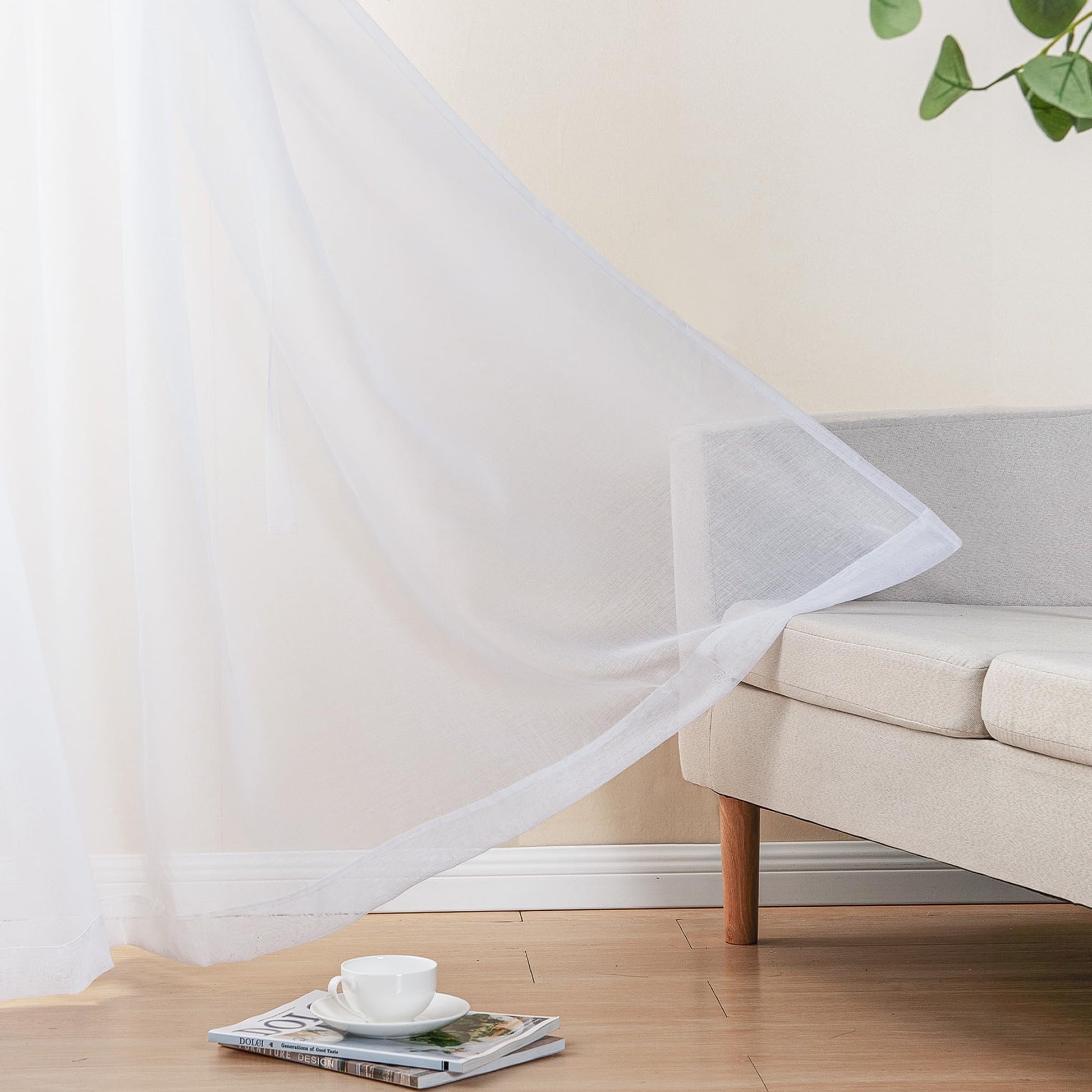 Two white faux linen sheer curtains with tiebacks, set of 2 panels from DWCN Official, hanging with soft natural light.