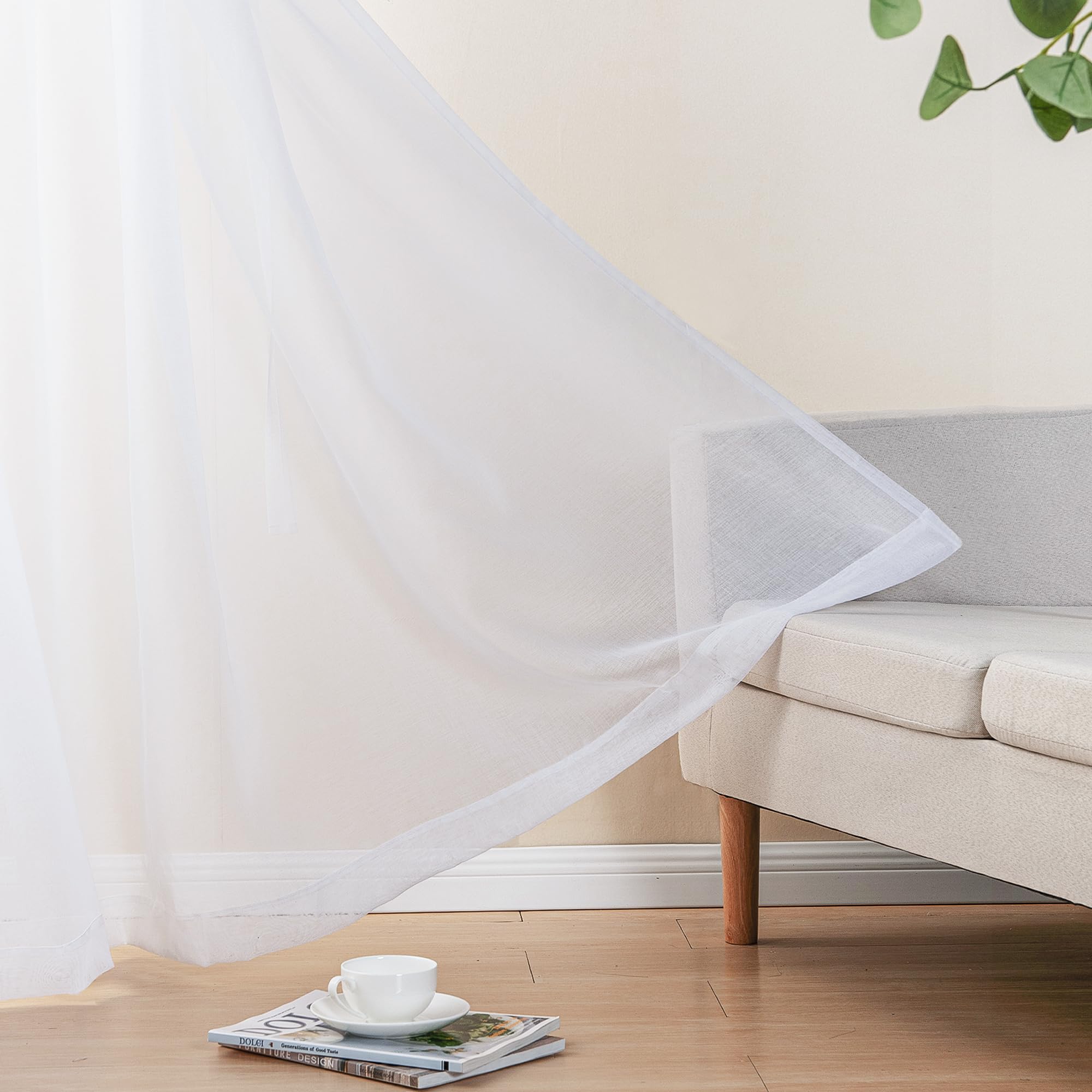 Two white faux linen sheer curtains with tiebacks, set of 2 panels from DWCN Official, hanging with soft natural light.