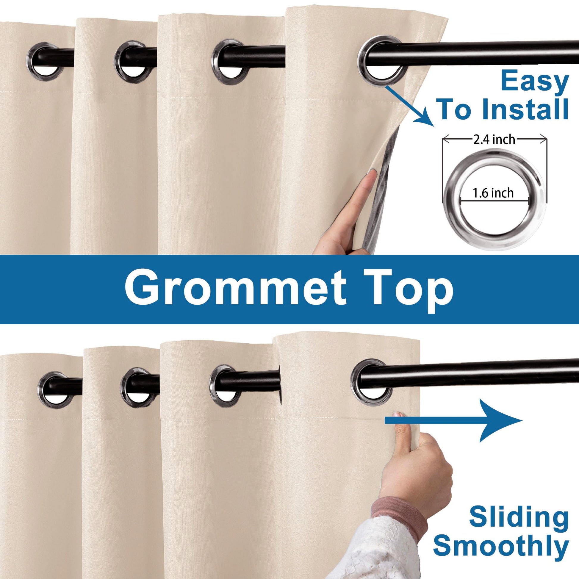 DWCN Official black blackout curtains with grommet top design, featuring dark fabric and silver grommets for window blocking.