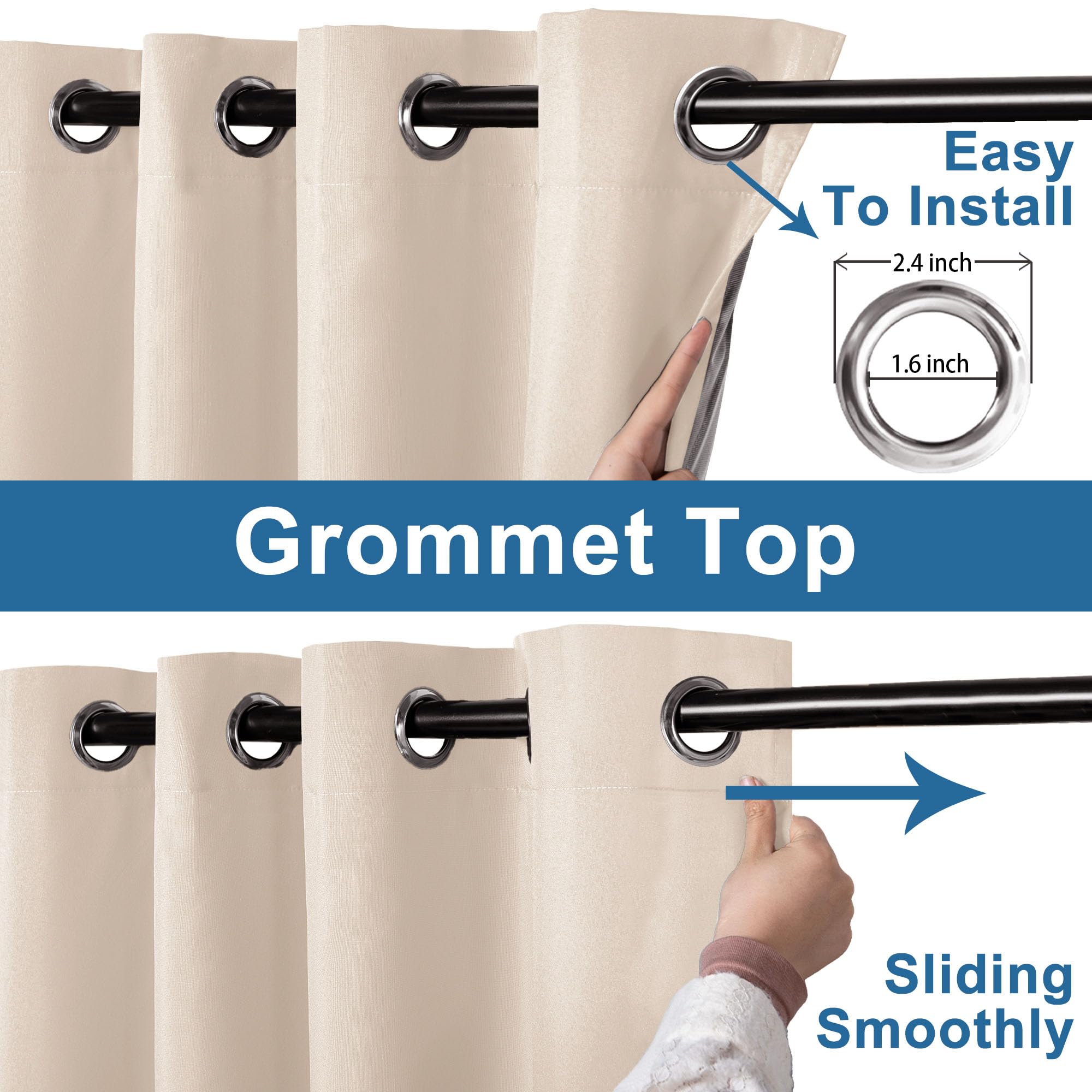 DWCN Official black blackout curtains with grommet top design, featuring dark fabric and silver grommets for window blocking.