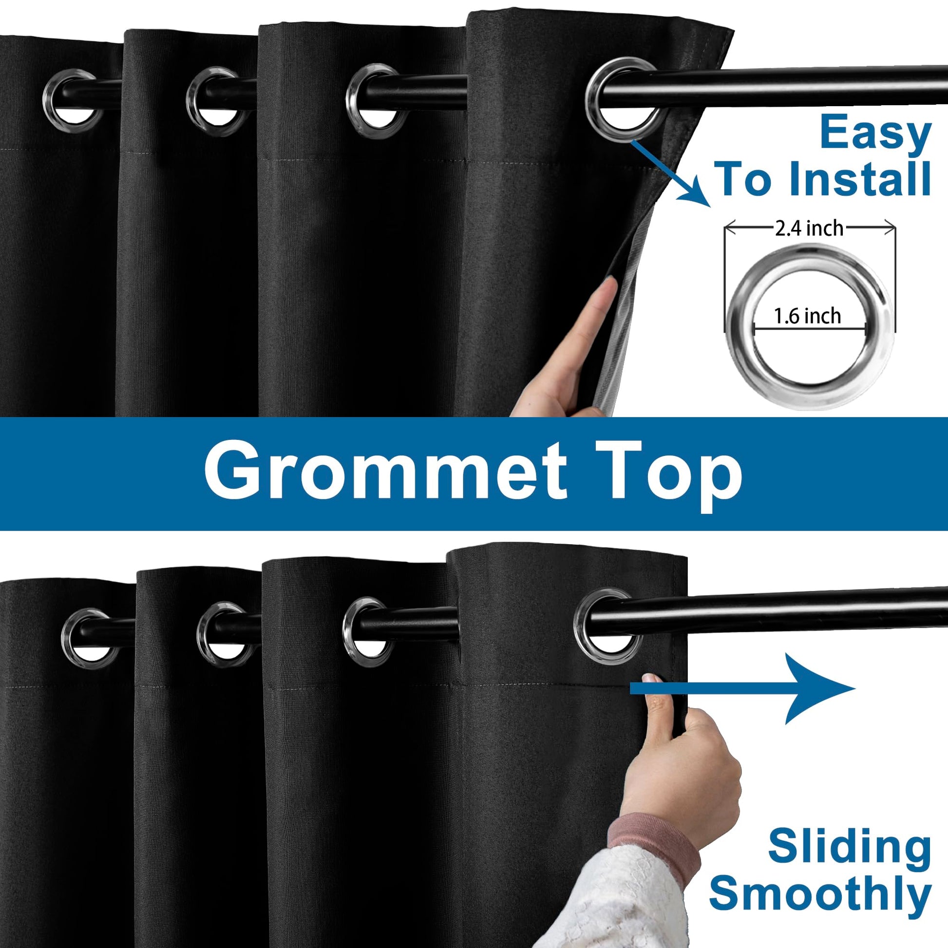 DWCN Official blackout curtains with grommet top, 100% blackout fabric, designed to block out light and enhance privacy.