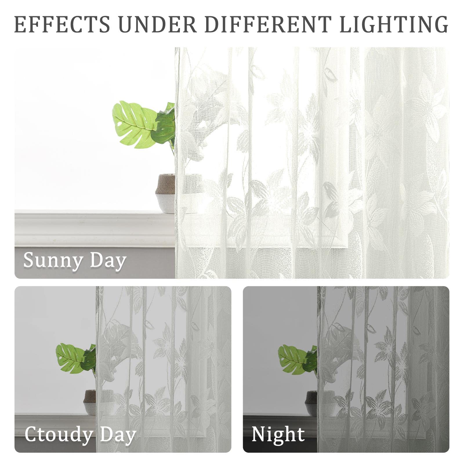 Pair of DWCN Official lace sheer curtains panels with intricate floral patterns, perfect for elegant window decor.