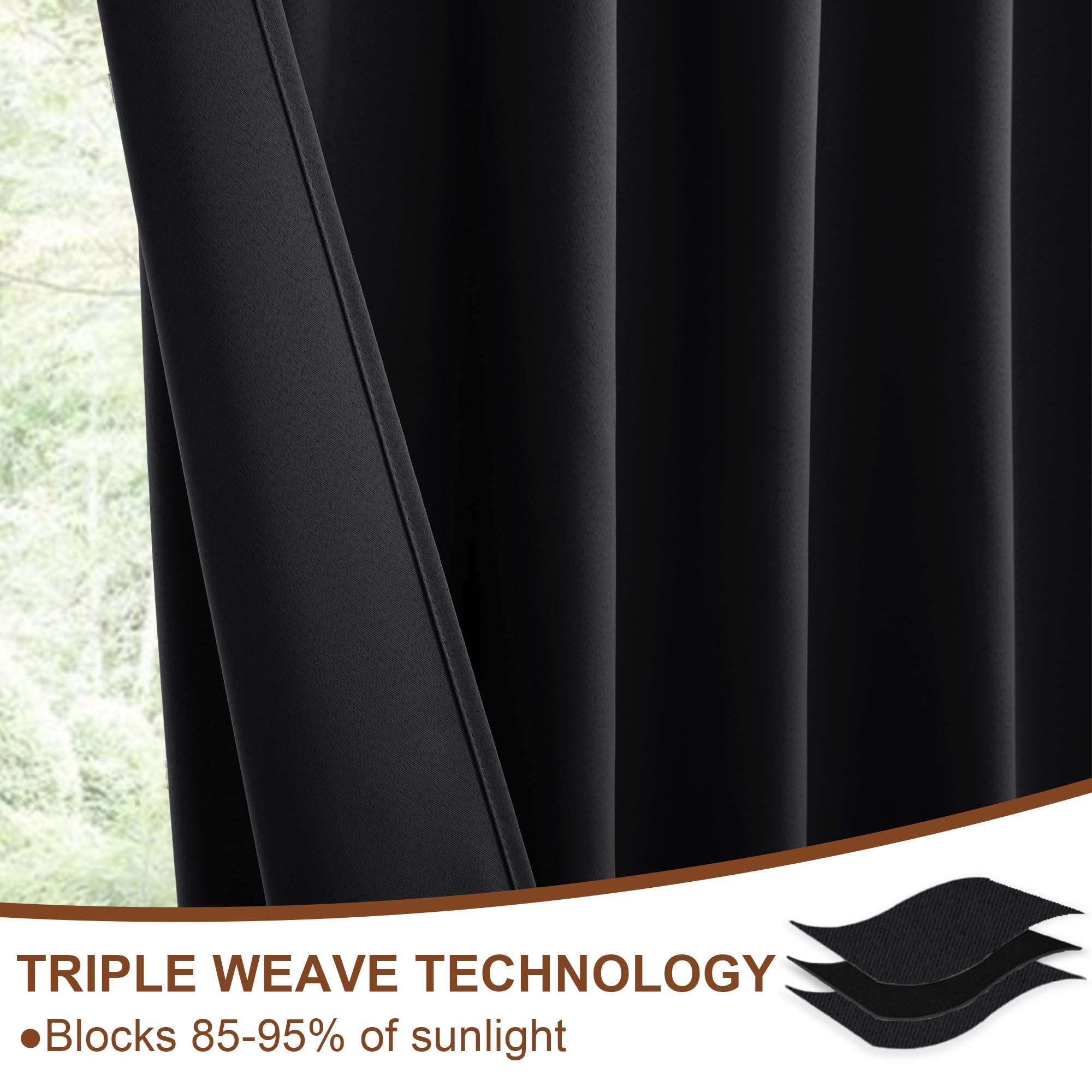 Set of two DWCN blackout curtains with tiebacks, rod pocket and back tab design, in black fabric for light blocking and privacy.