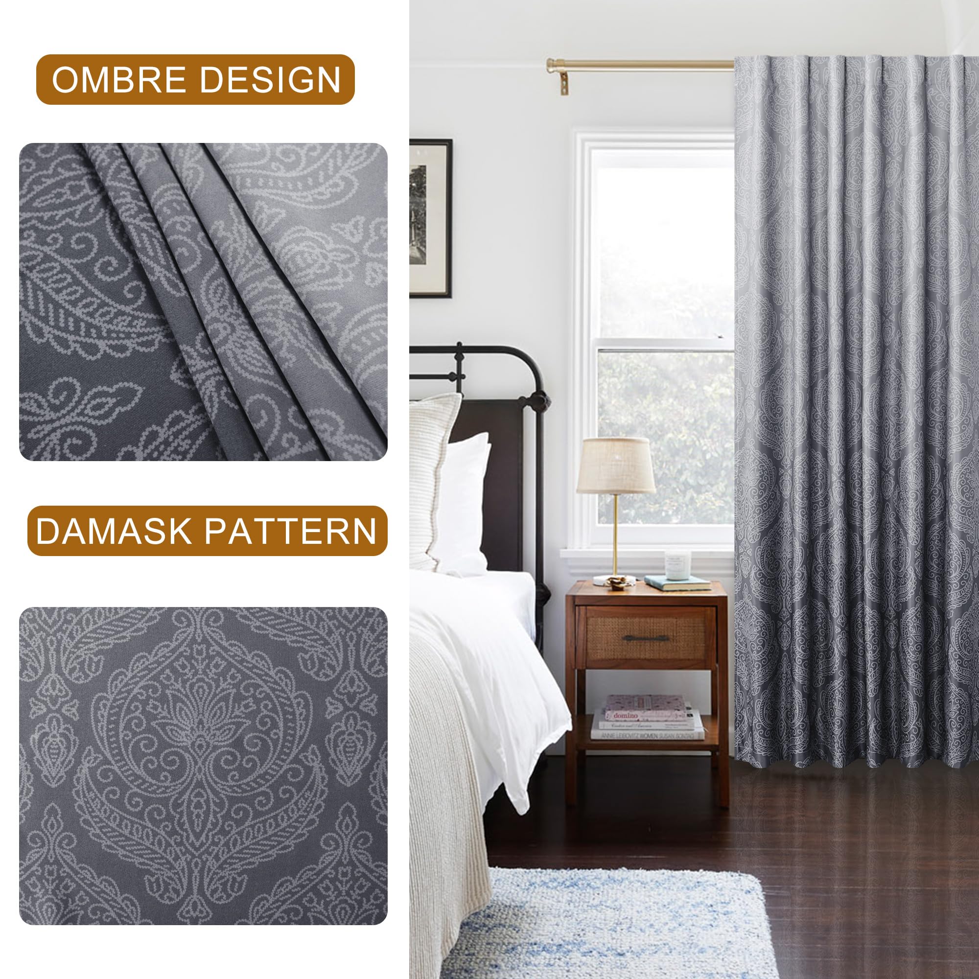 DWCN Official black blackout curtains with tiebacks, set of 2 panels in ombre black design, hanging in a modern living room.