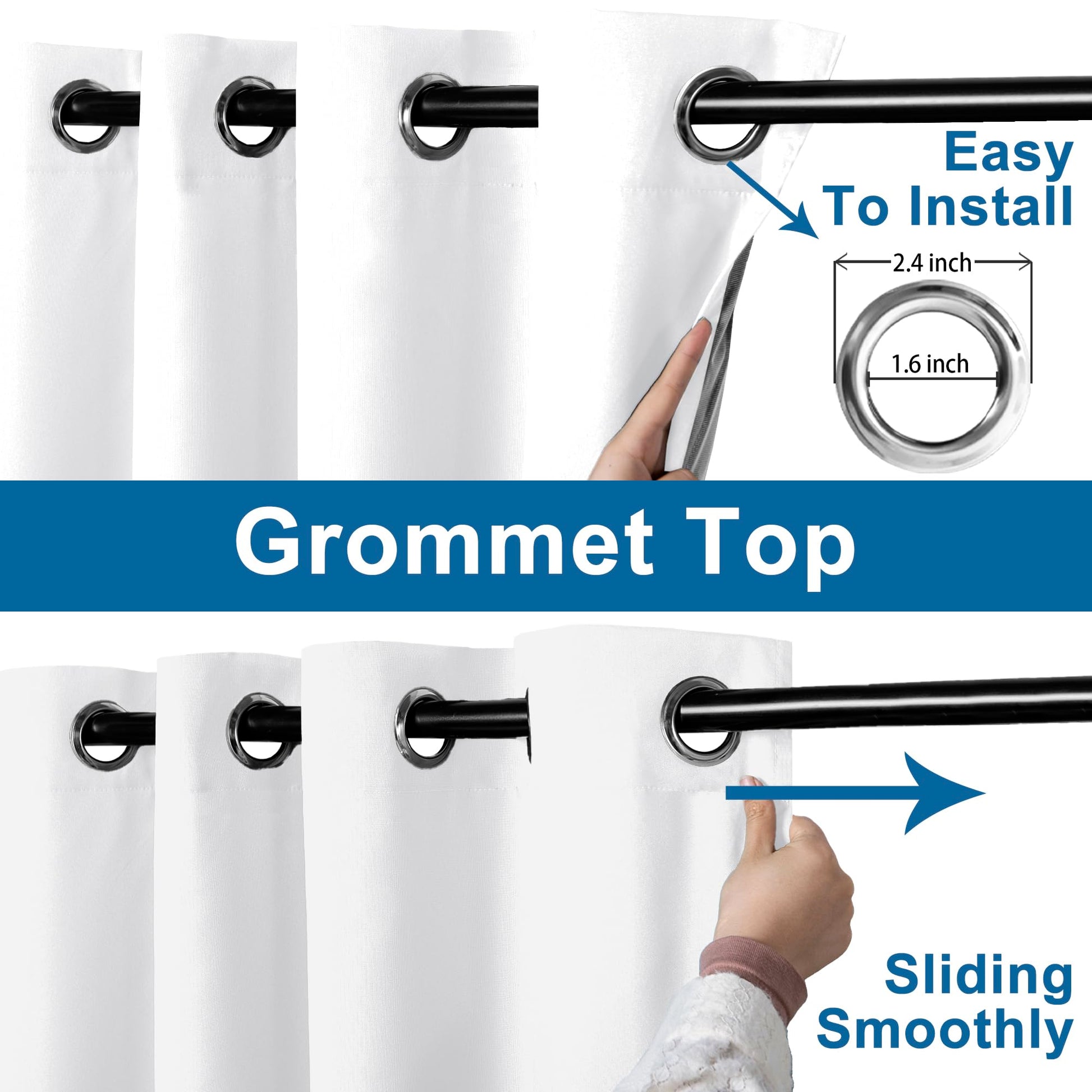 DWCN Official 100% blackout curtains with grommet top design, showcasing their dark, opaque fabric and stylish metal grommet accents.