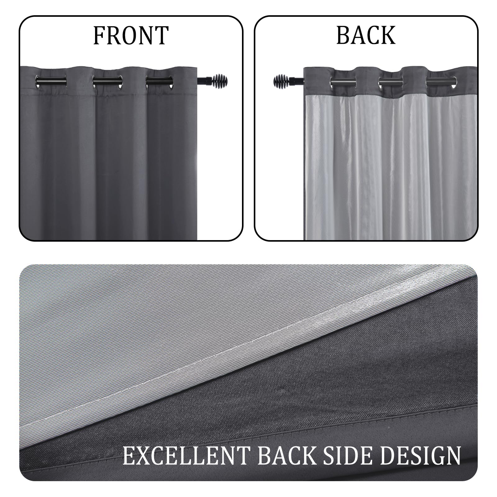 Set of two DWCN Official blackout curtains with tiebacks in black fabric, featuring a sleek, modern design for light blocking.