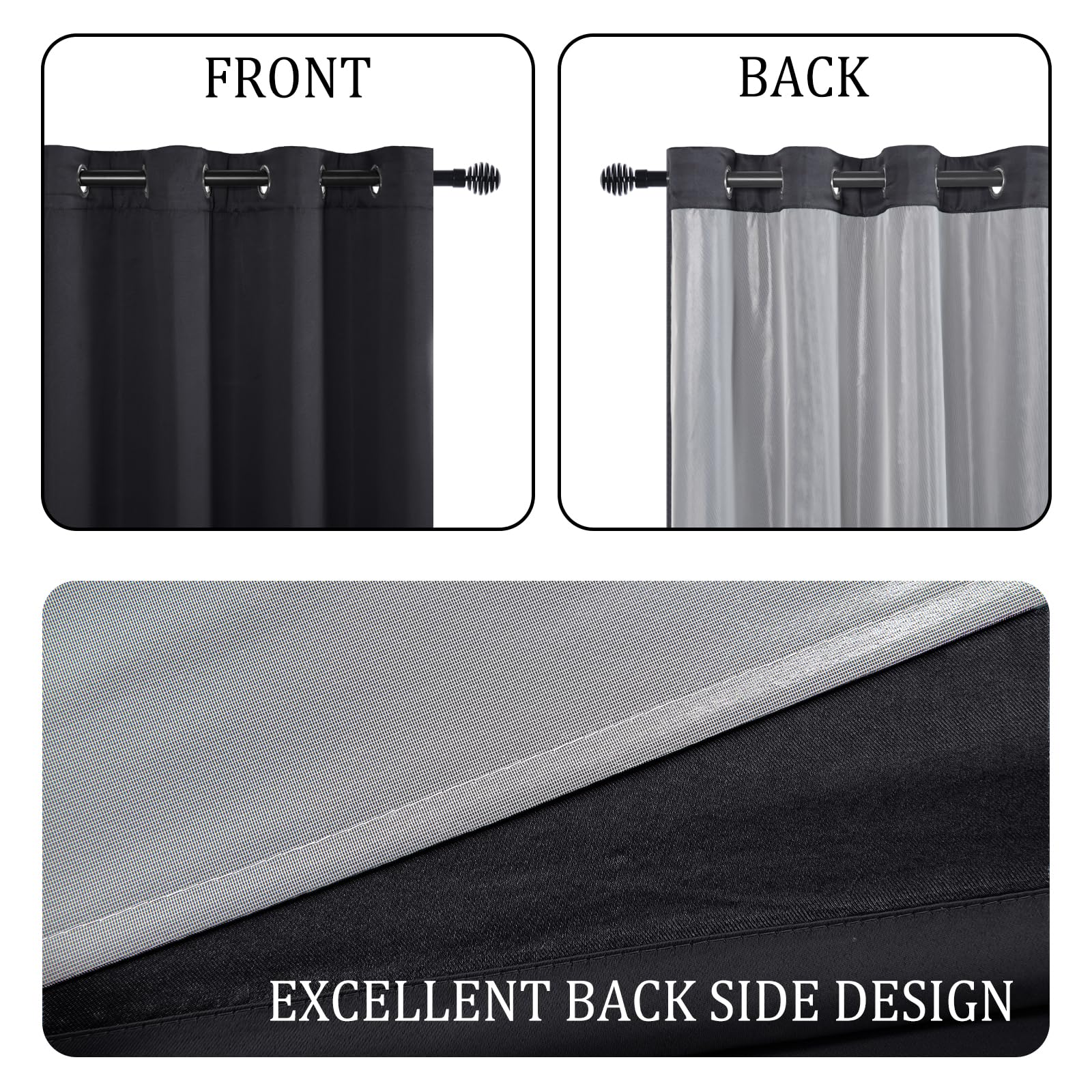 Pair of black blackout curtains with tiebacks from DWCN Official, set of 2 panels, featuring a dark fabric and elegant design.