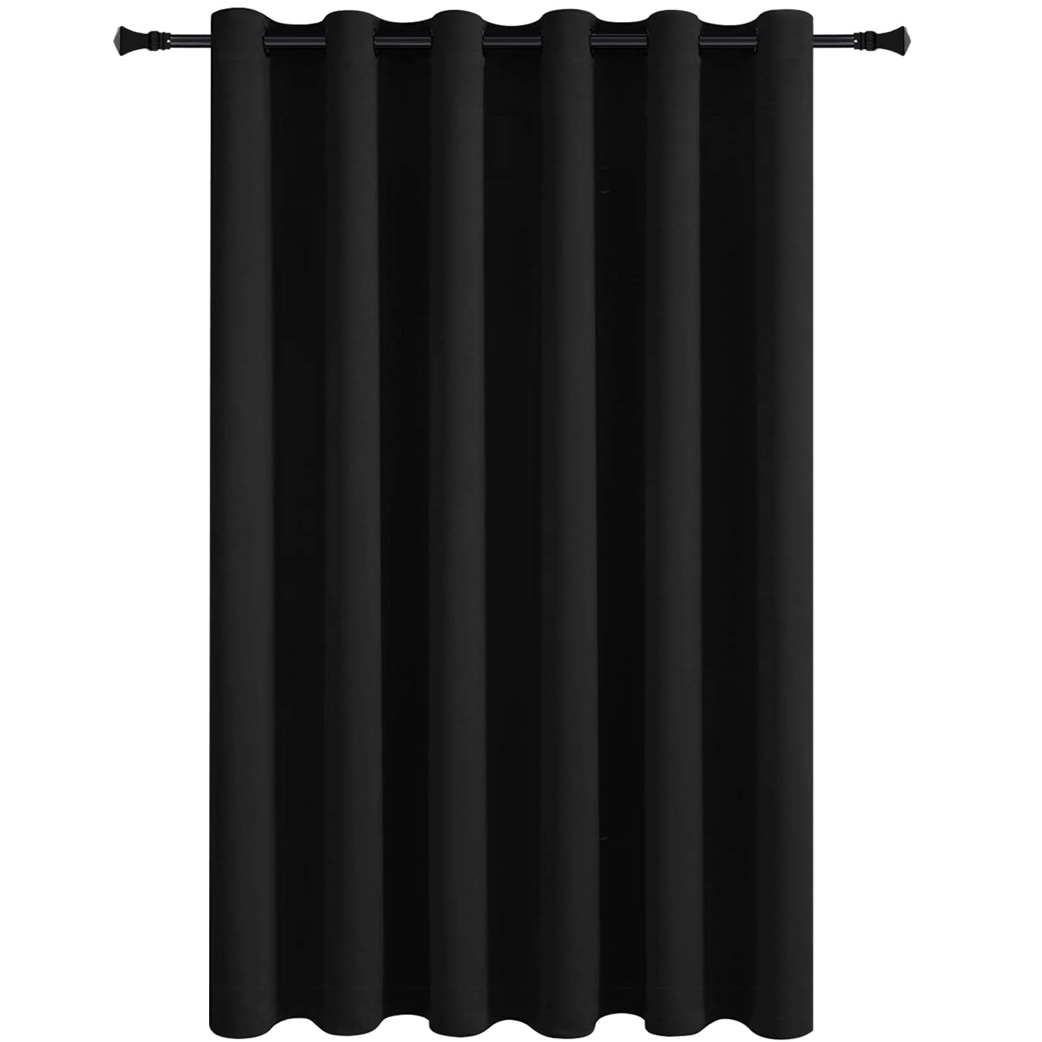 DWCN black blackout curtain panel with grommets, room divider curtain in black fabric, ideal for blocking light and creating privacy.