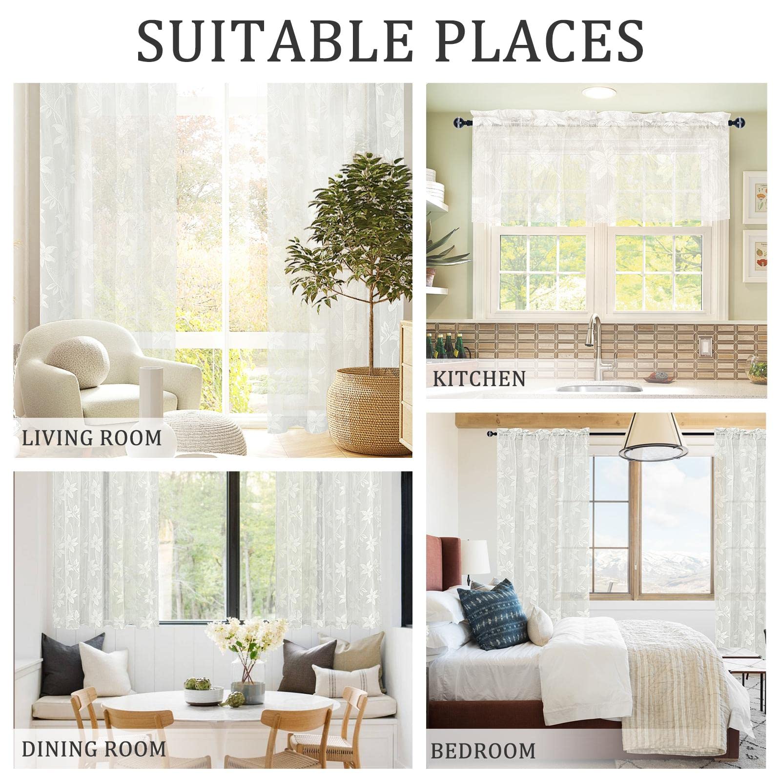 Set of two DWCN Official lace sheer curtains panels with intricate floral patterns, ideal for elegant window decor.
