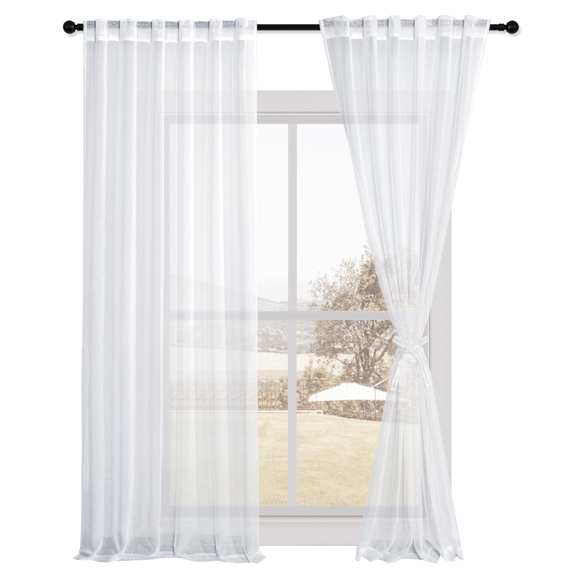 Pair of DWCN Official white faux linen sheer curtains with tiebacks, set of 2 panels, lightweight and elegant window coverings