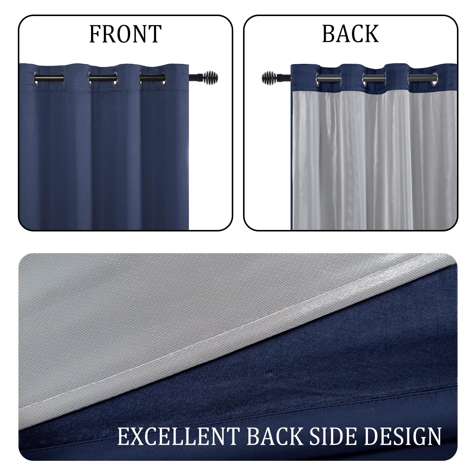 Pair of DWCN 100% blackout curtains with tiebacks, set of 2 panels, black fabric, shown hanging on a window.