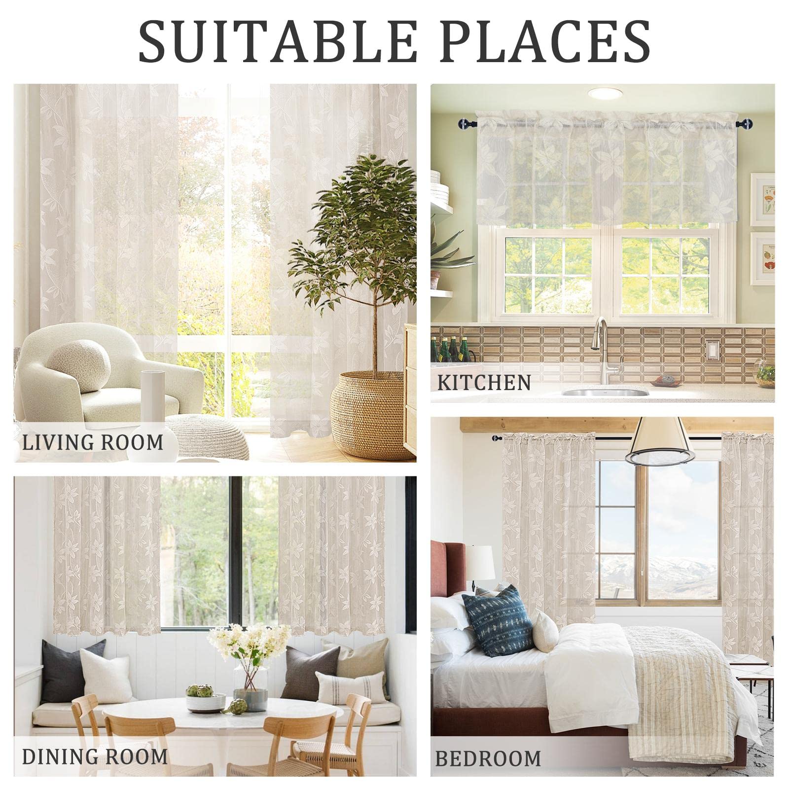 Pair of DWCN Official lace sheer curtains with delicate floral patterns, set of 2 panels, designed for elegant window decor