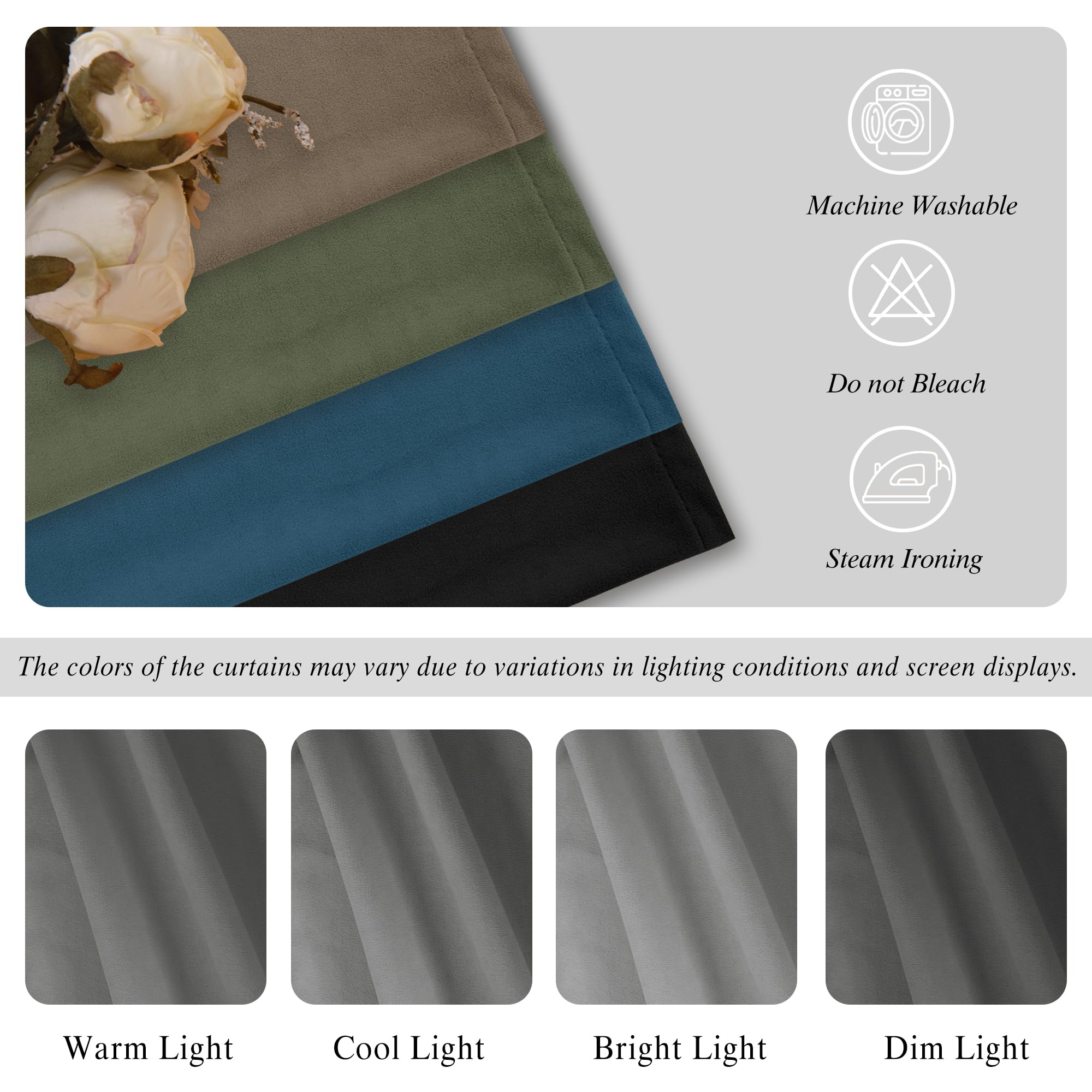 DWCN Velvet Curtains with two panels featuring rod pocket and back tab designs, showcasing soft, luxurious fabric and elegant drape.