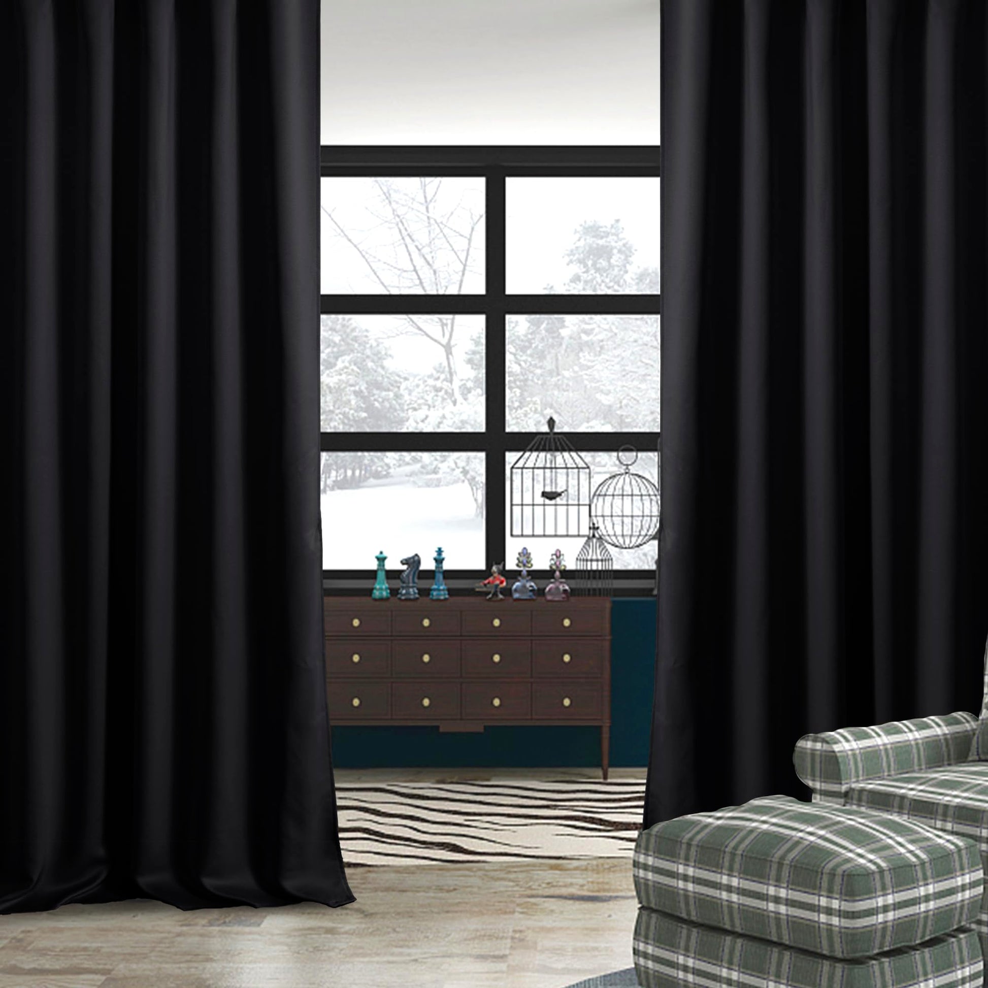 Pair of DWCN Official black blackout curtains with tiebacks, rod pocket and back tab design, set of two panels for window coverage.