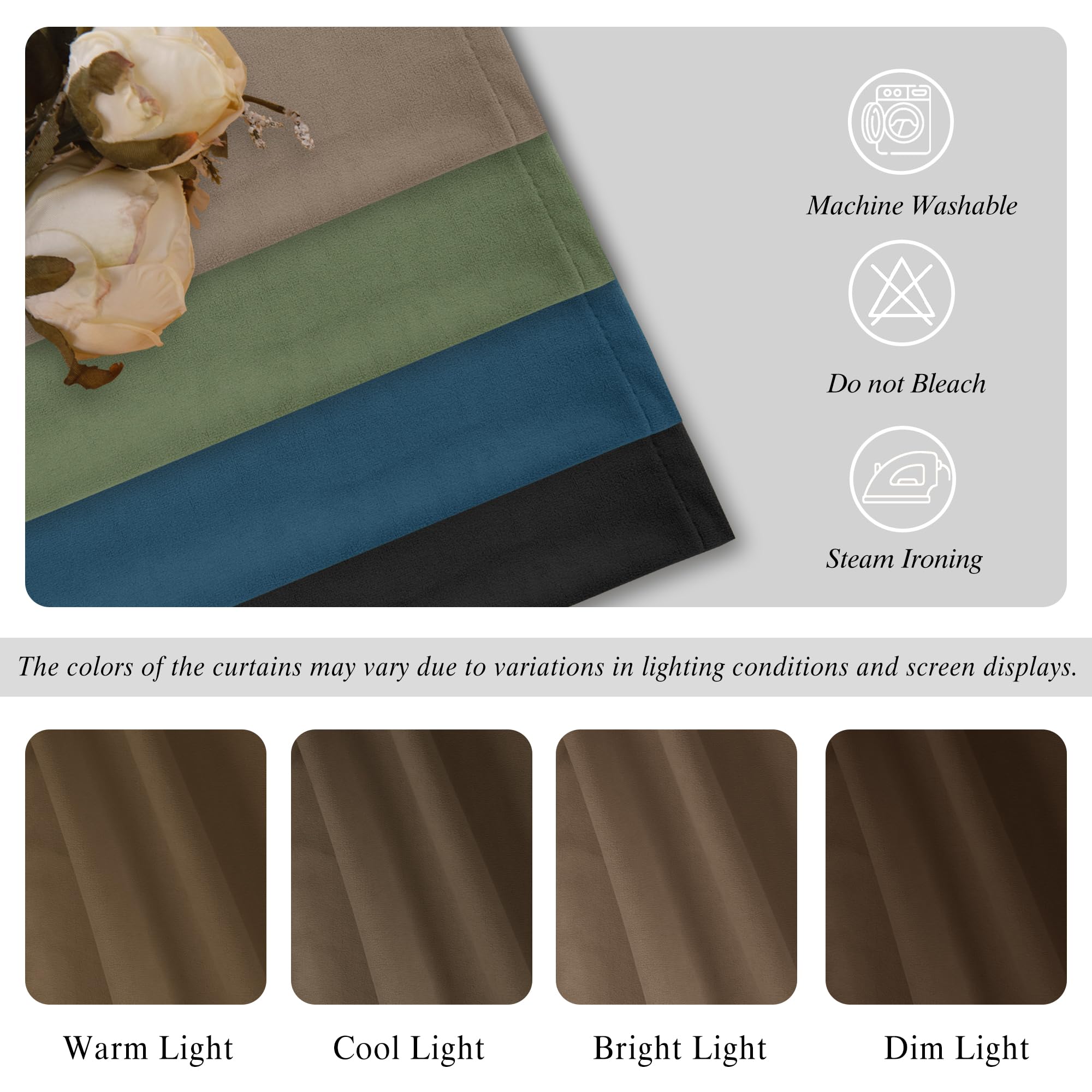 DWCN Velvet curtains with 2 panels, rod pocket and back tab design, showcasing soft, luxurious fabric and elegant hanging style.