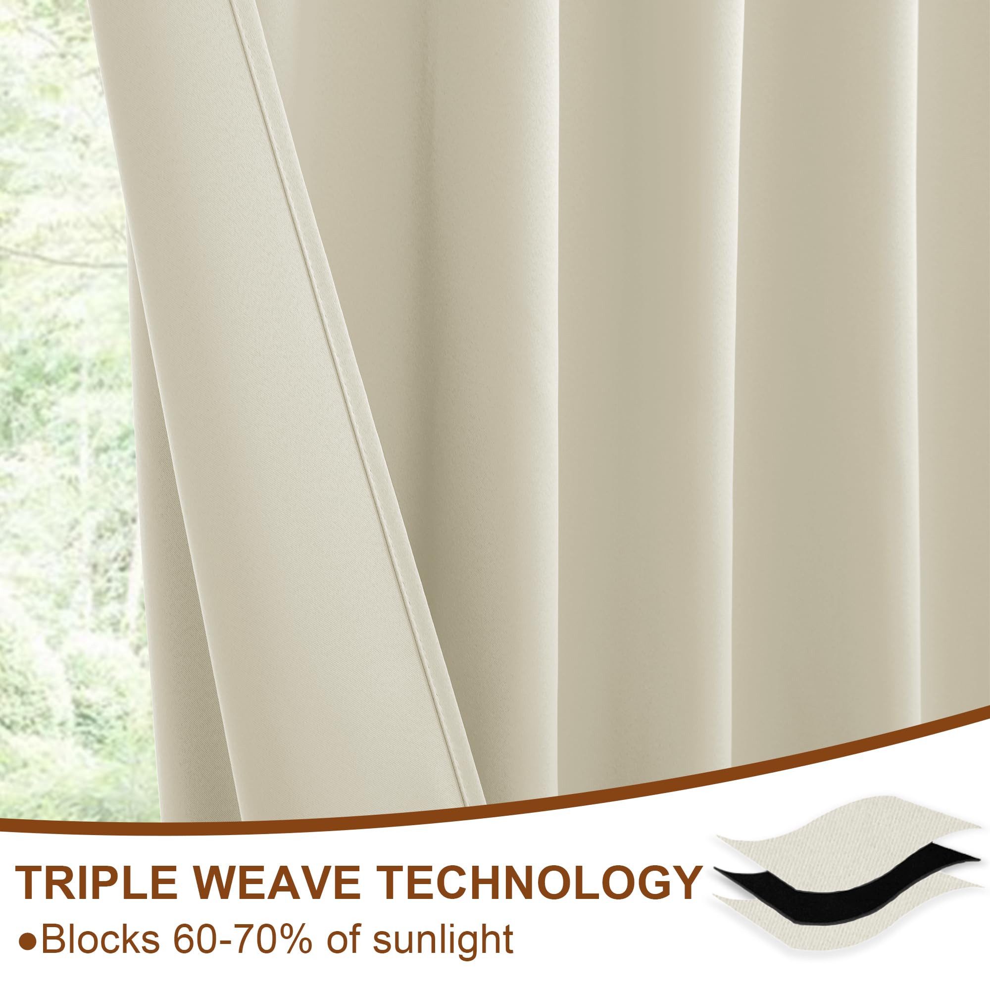 Pair of DWCN Blackout Curtains with tiebacks, rod pocket and back tab design, set of two panels hanging on a window.