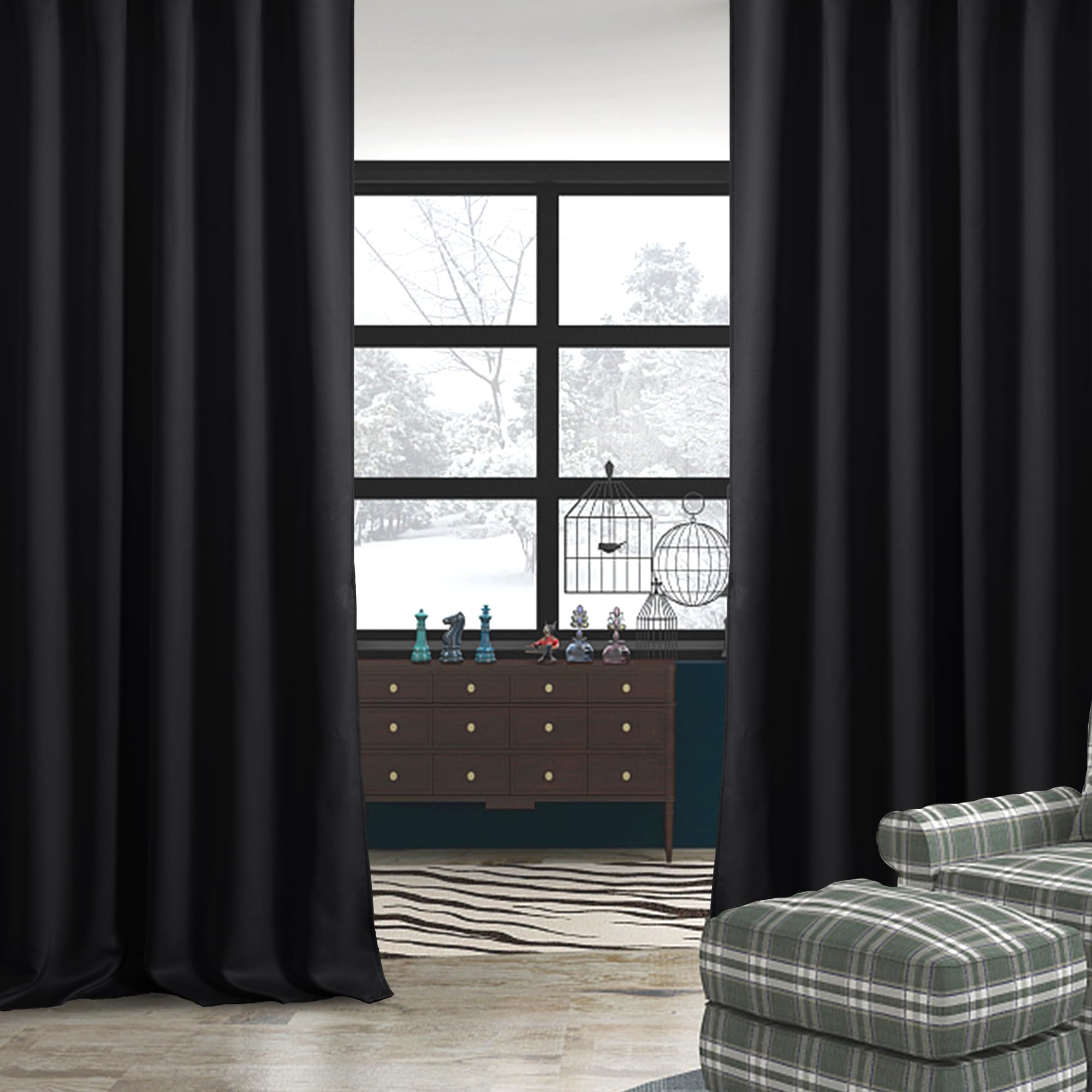 Pair of DWCN Official black blackout curtains with tiebacks, rod pocket and back tab design, set of two panels hanging side by side.