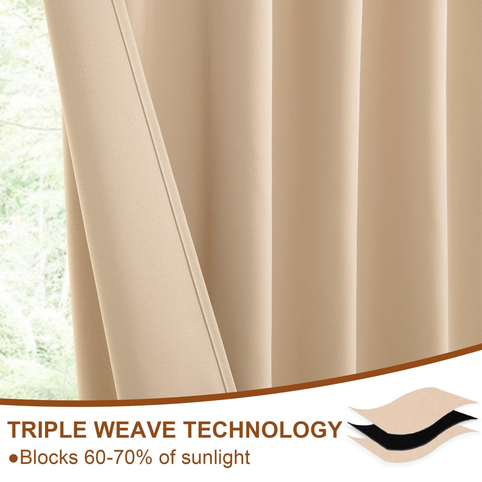 Pair of DWCN Official black blackout curtains with tiebacks, rod pocket and back tab design, set of two panels hanging on a window.