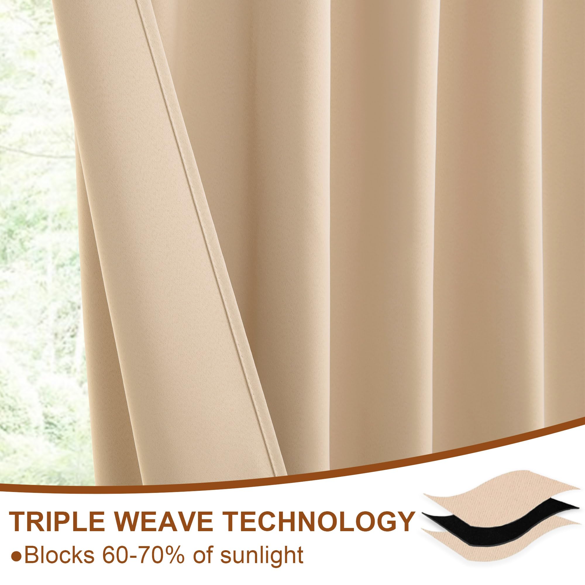 Pair of DWCN Official black blackout curtains with tiebacks, rod pocket and back tab design, set of two panels hanging on a window.