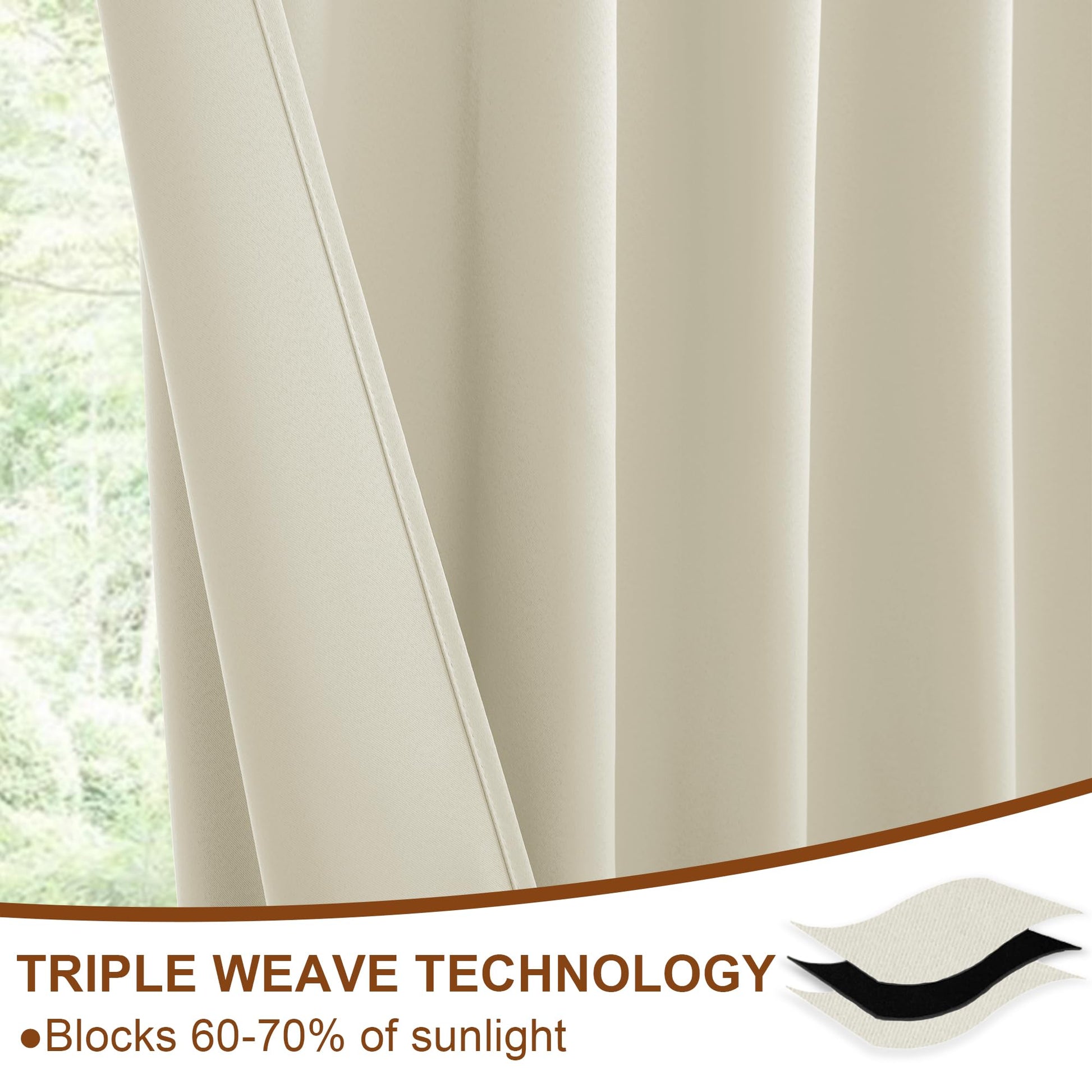 DWCN blackout curtains with tiebacks, rod pocket and back tab, set of 2 panels, in black fabric hanging on a window.