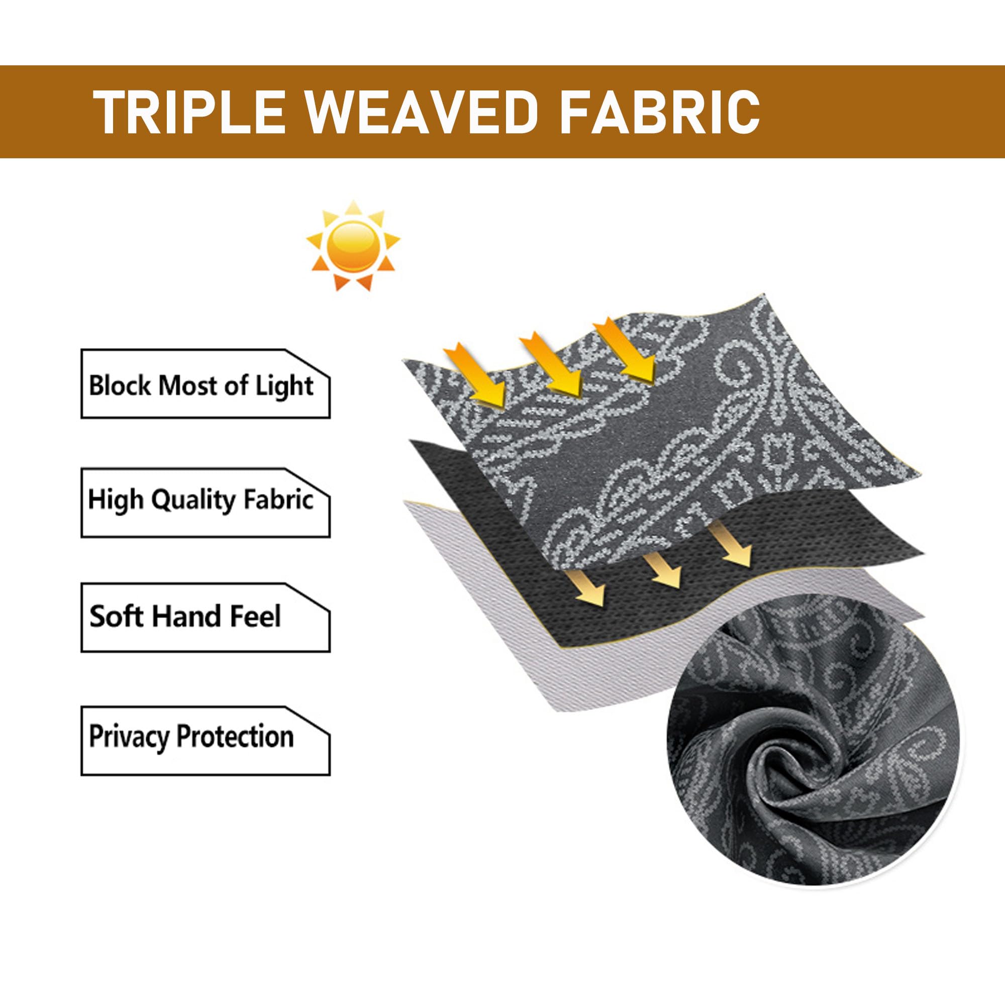 Set of two DWCN Official black blackout curtains with ombre design and tiebacks, hanging on a window for stylish room darkening.