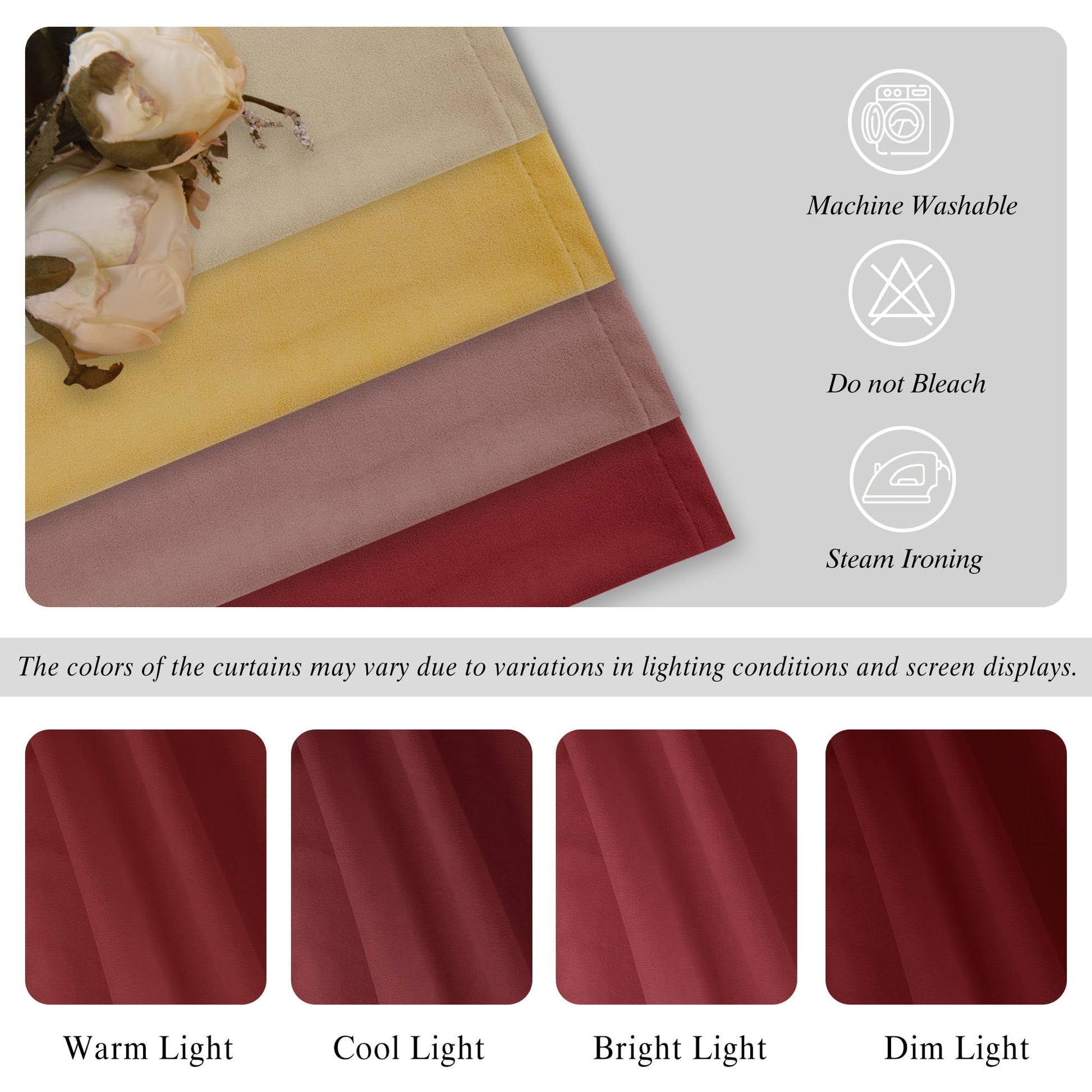 DWCN Velvet Curtains with two panels, featuring rod pocket and back tab design, shown hanging in a stylish window setting.