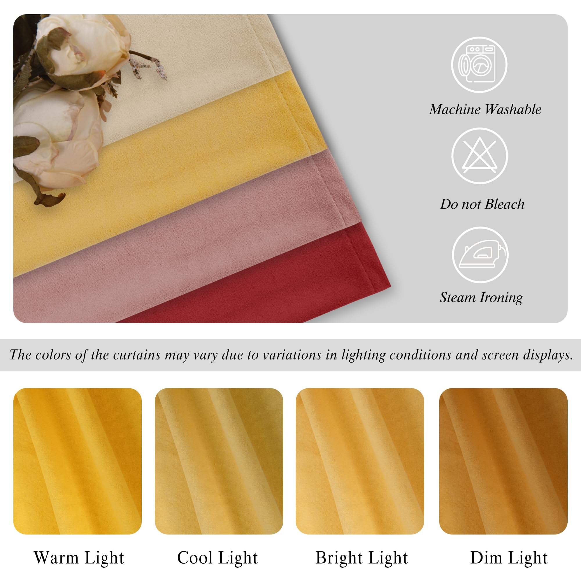 DWCN Velvet Curtains, 2 panels with rod pocket and back tab, hanging on a curtain rod in a cozy living room setting