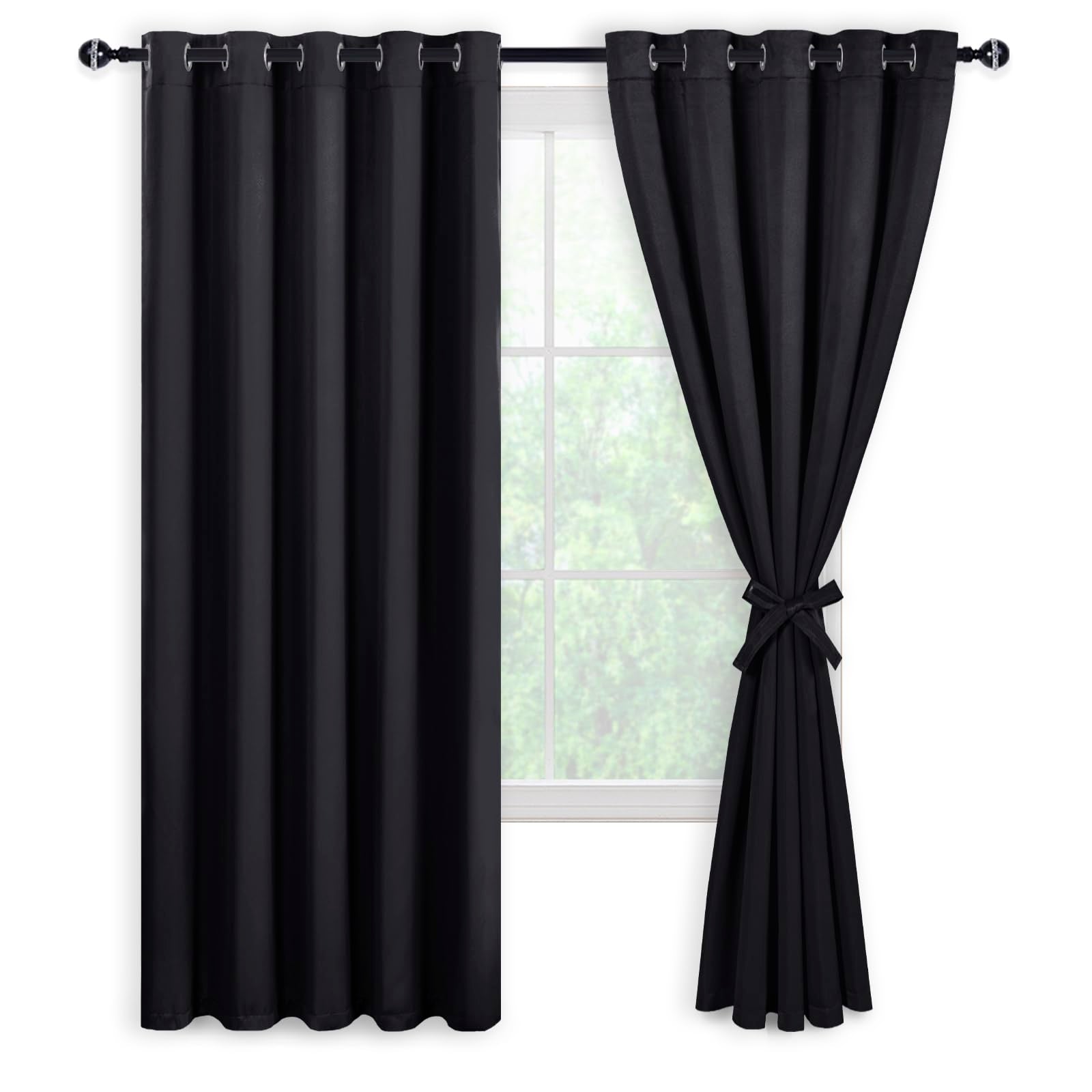 Set of two DWCN blackout curtains with tiebacks in deep black fabric, designed for light blocking and elegant window decor.