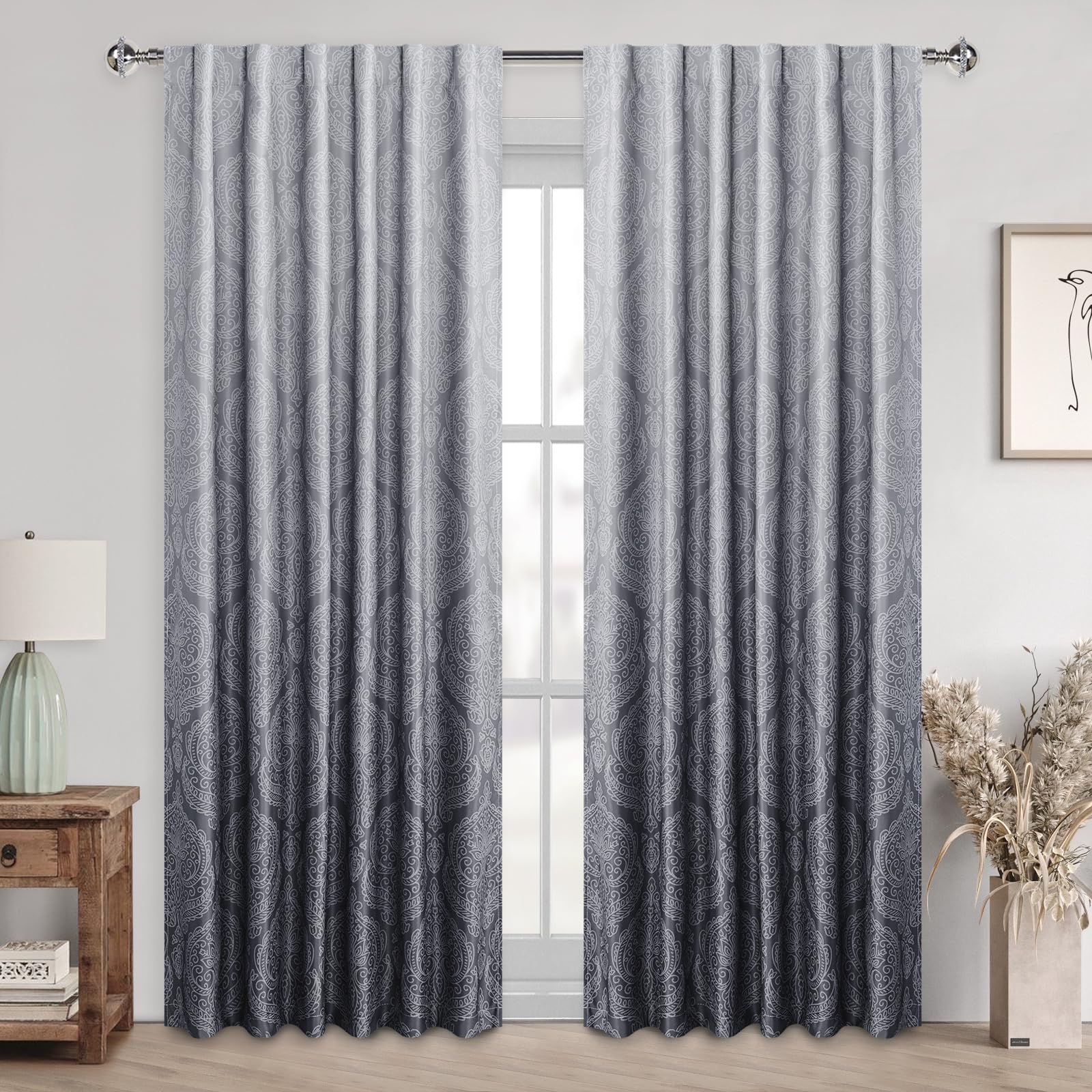 Set of two DWCN Ombre Blackout Curtains with tiebacks, featuring a gradient black and gray design hanging on a window.