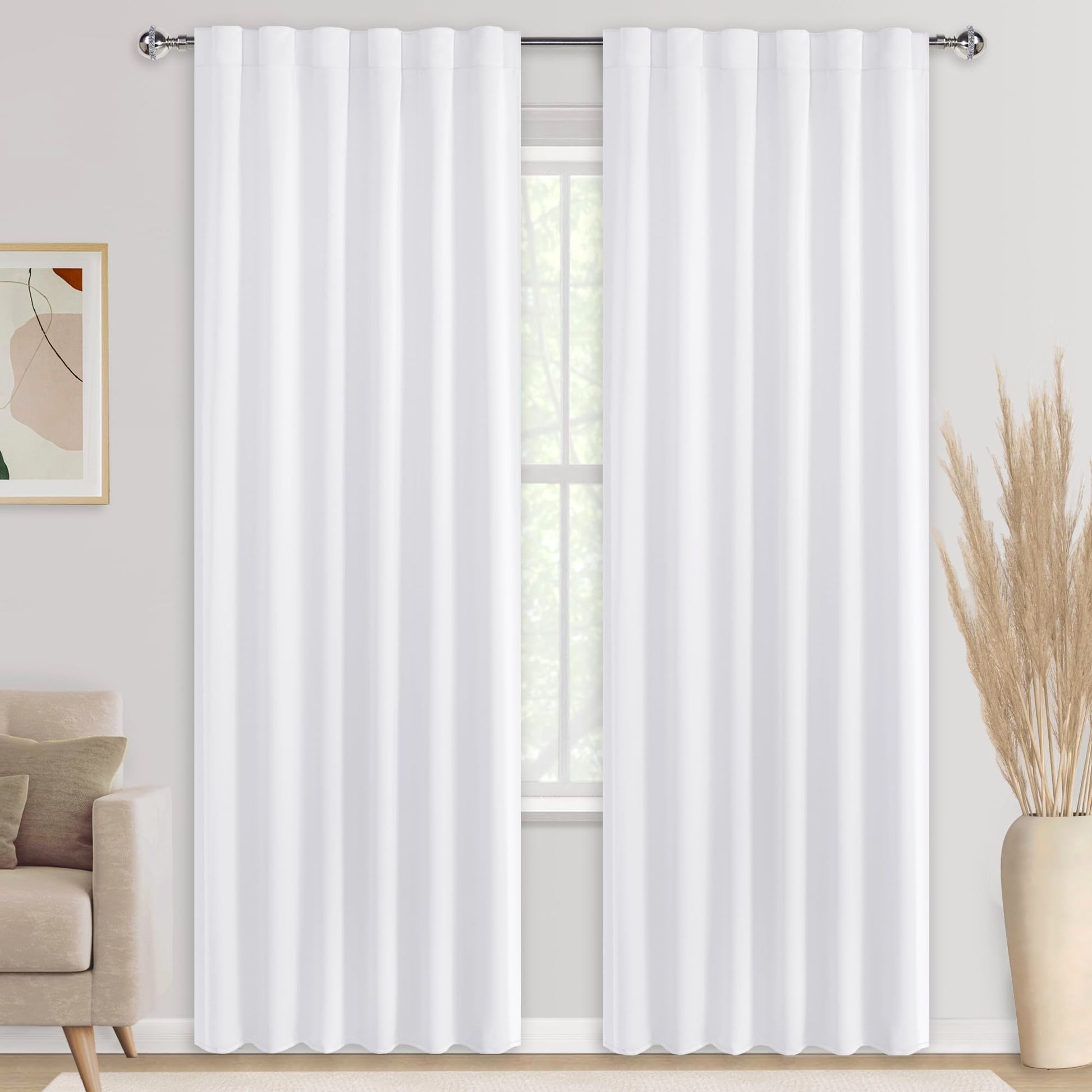 Pair of DWCN Official blackout curtains with tiebacks, rod pocket and back tab design, set of two panels hanging on a window.