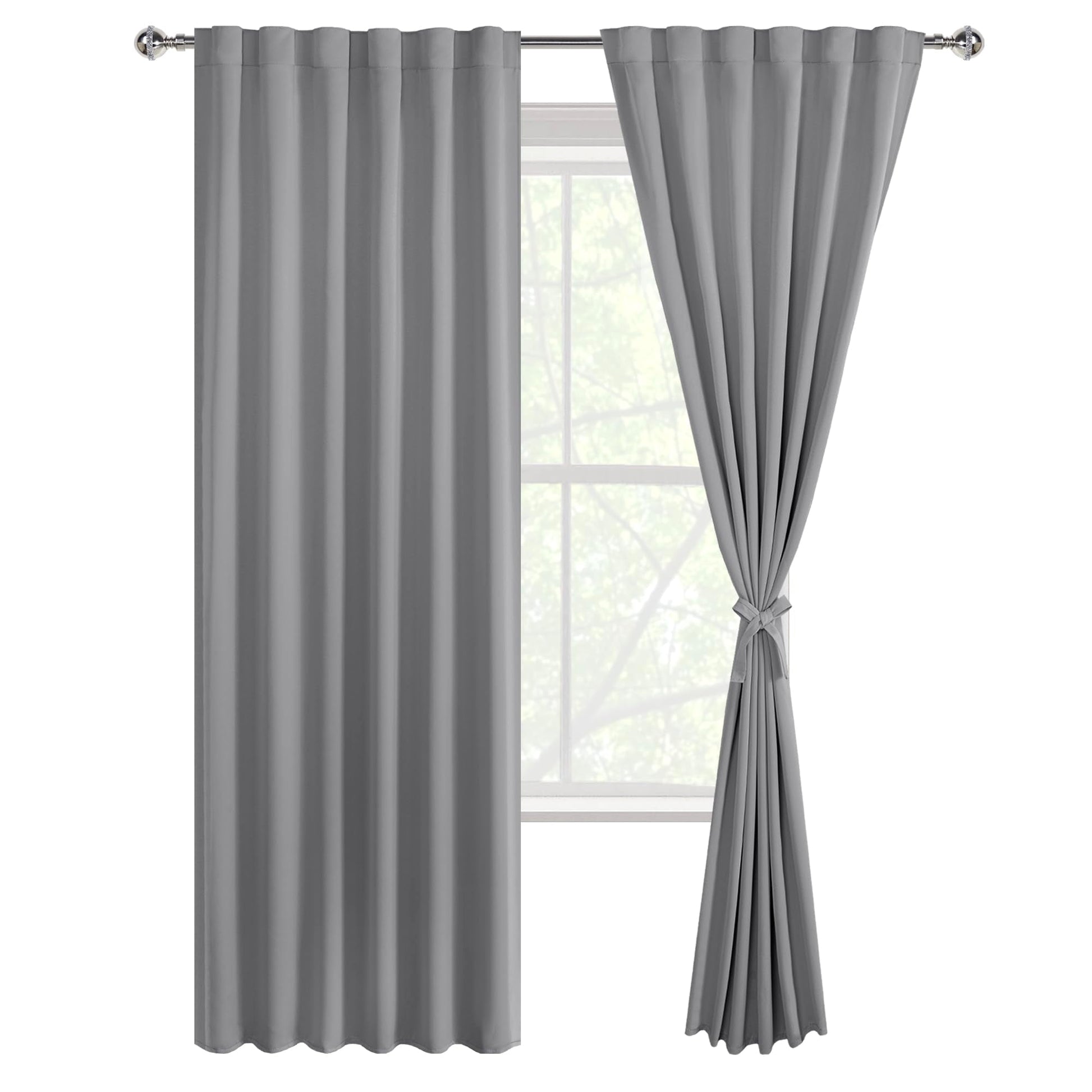 DWCN Blackout Curtains with Tiebacks, set of 2 panels, rod pocket and back tab design, dark fabric for room darkening.
